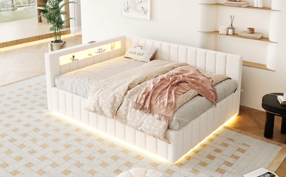 Upholstered Sofa Bed 140x200 Hydraulic Storage LED USB Port, Beige Velvet - Image 7