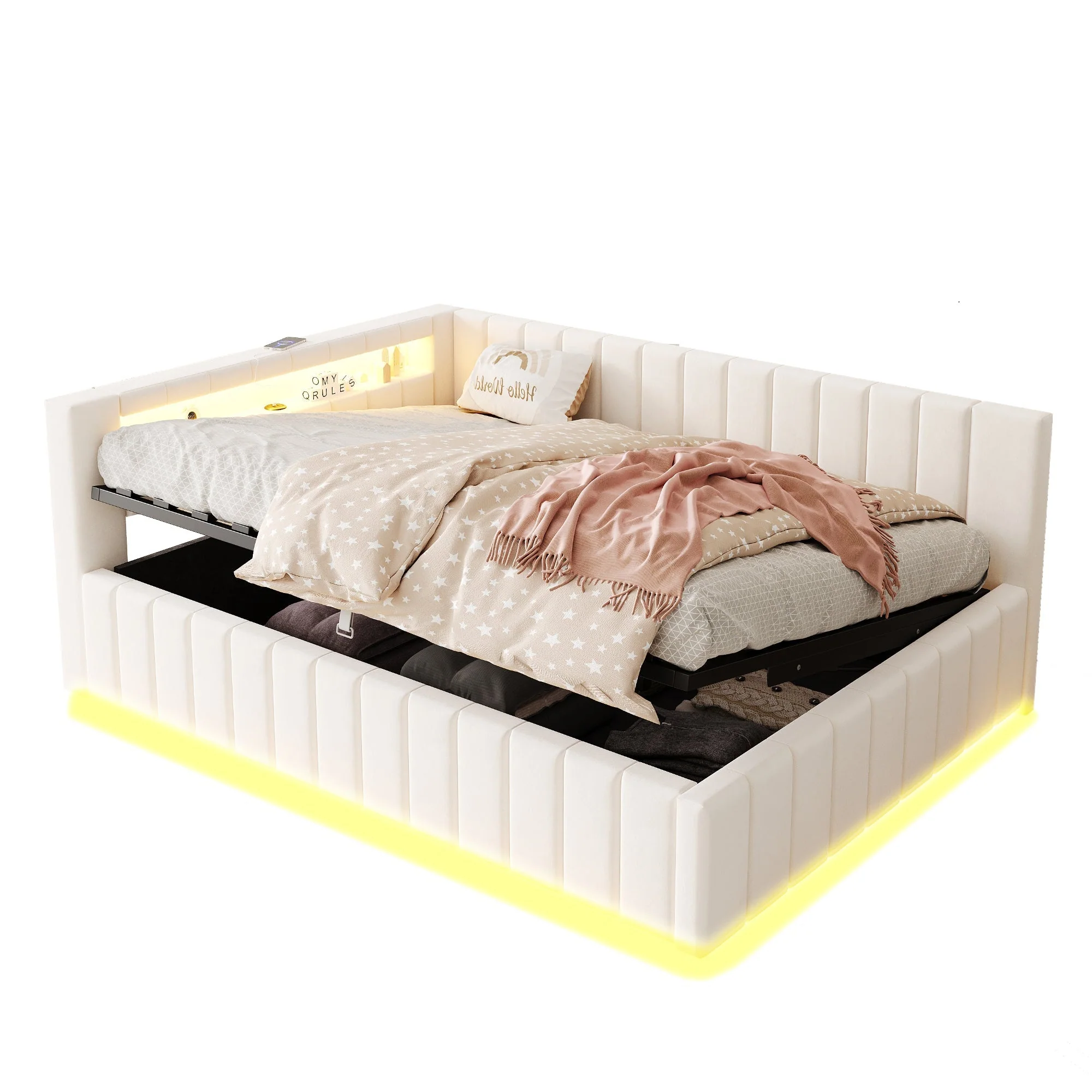 Upholstered Sofa Bed 140x200 Hydraulic Storage LED USB Port, Beige Velvet - Image 8