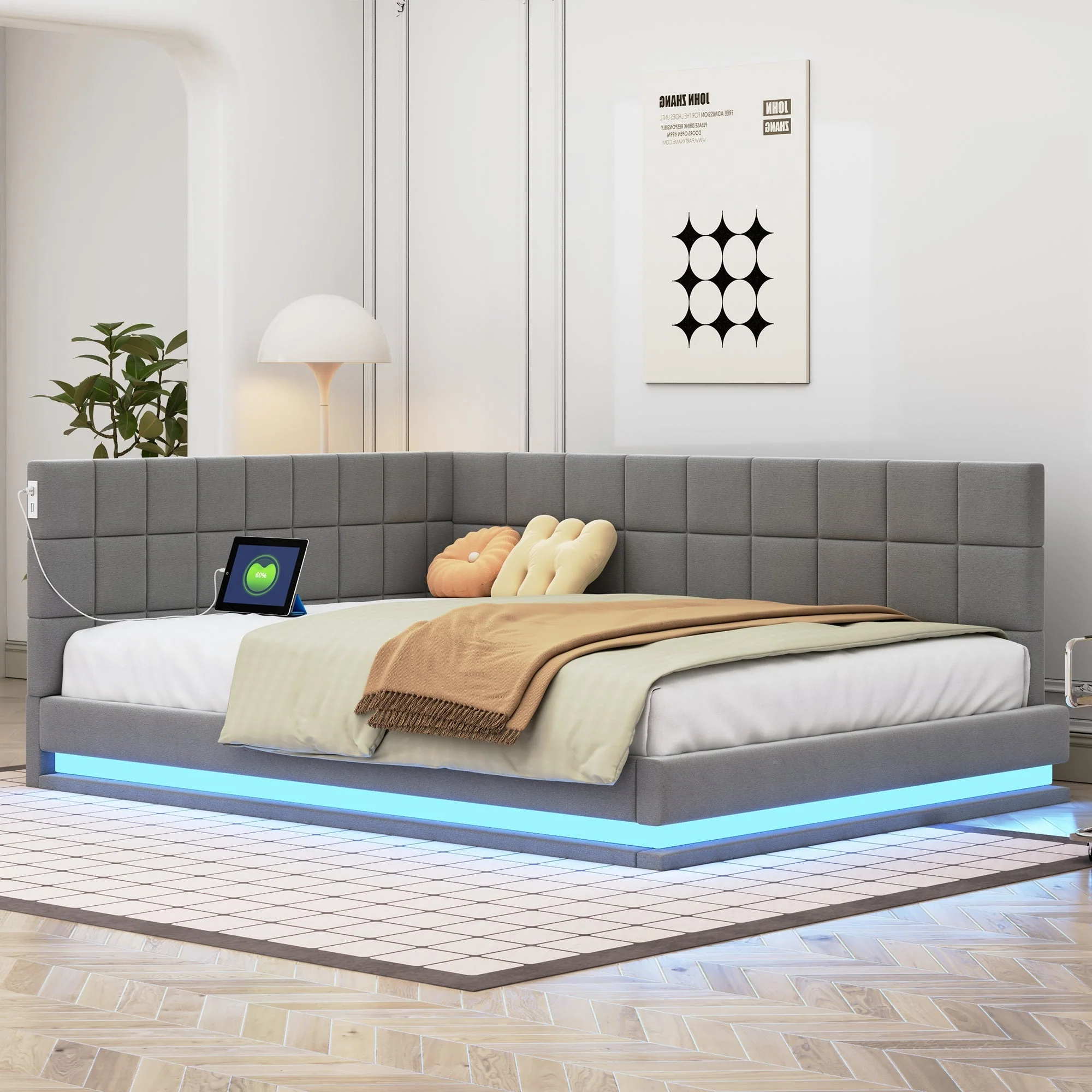 Upholstered Sofa Bed, 140x200 Multifunctional with LED & USB, Gray Velvet