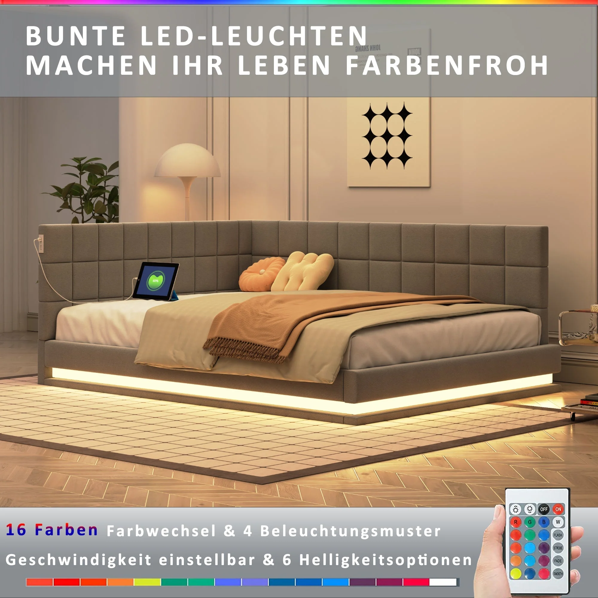 Upholstered Sofa Bed, 140x200 Multifunctional with LED & USB, Gray Velvet - Image 4