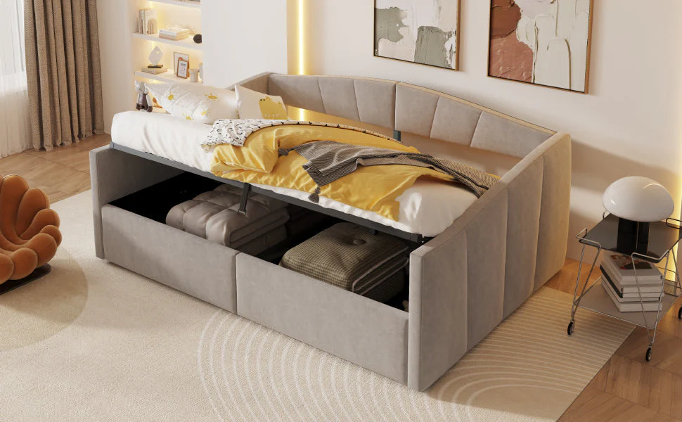 Upholstered Sofa Bed, 140x200cm Hydraulic Storage Slatted Frame Armrests, Light Grey Velvet - Image 5