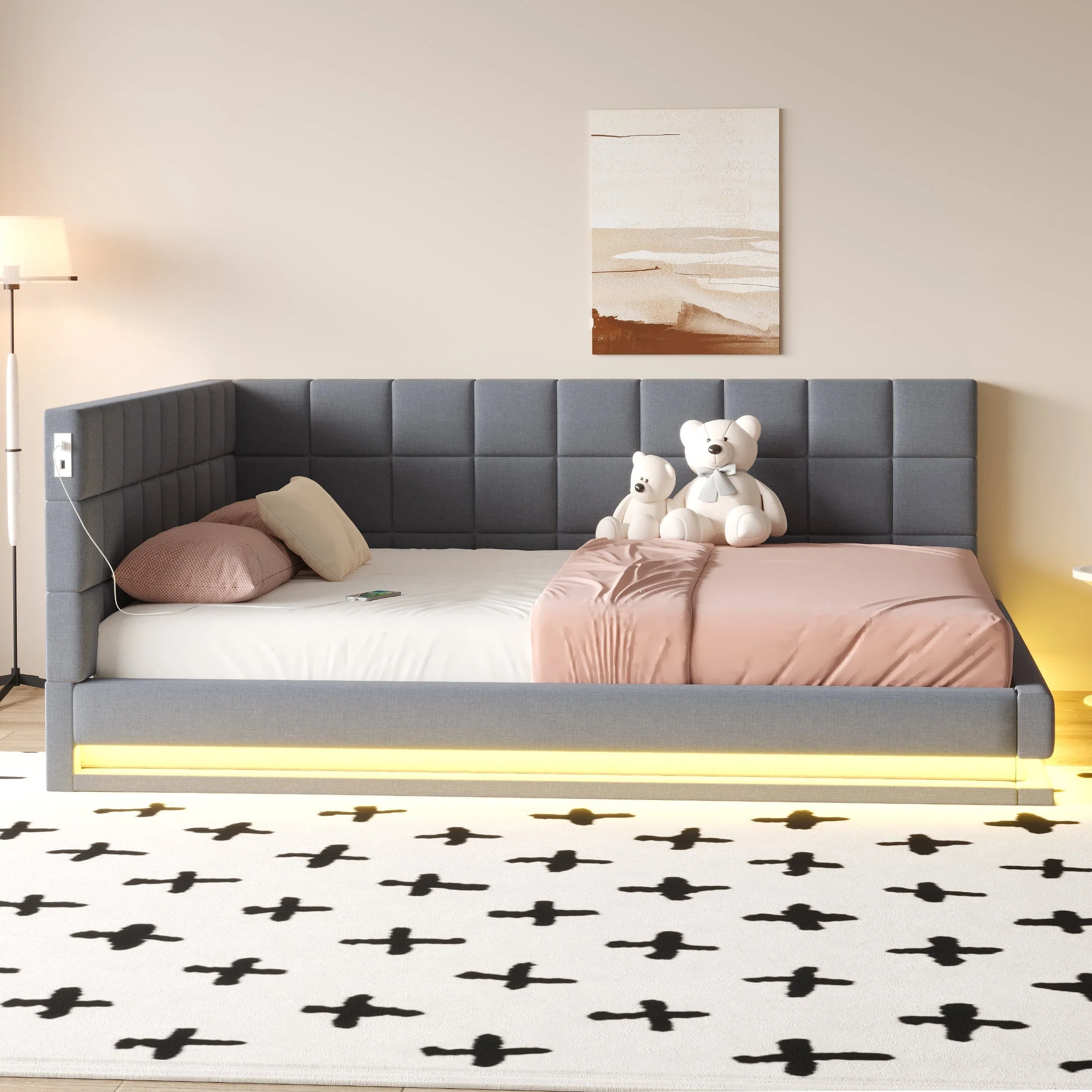 Upholstered Sofa Bed 160*200 Multifunctional with LED & USB, Grey Linen - Image 2