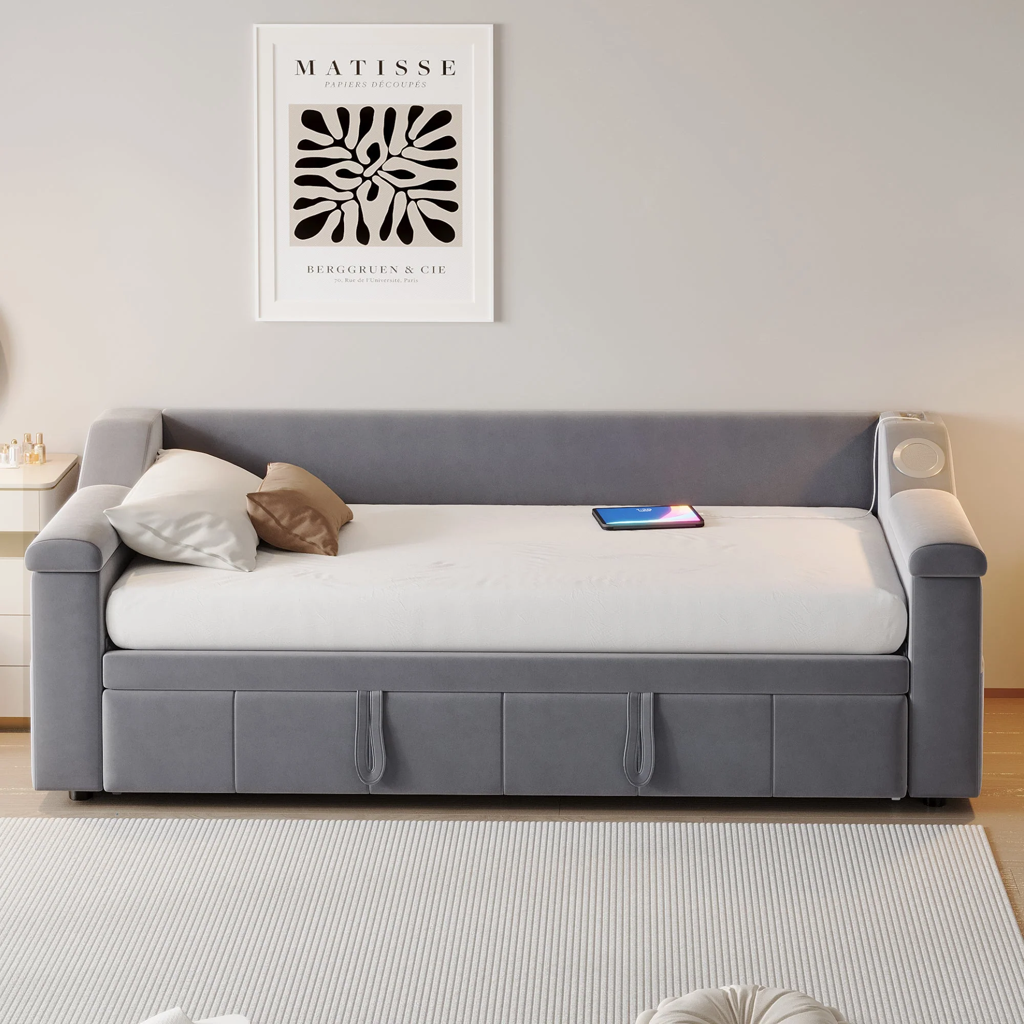 Upholstered Sofa Bed, 90/180*190cm Bluetooth Stereo USB Storage, Grey Velvet - Image 3