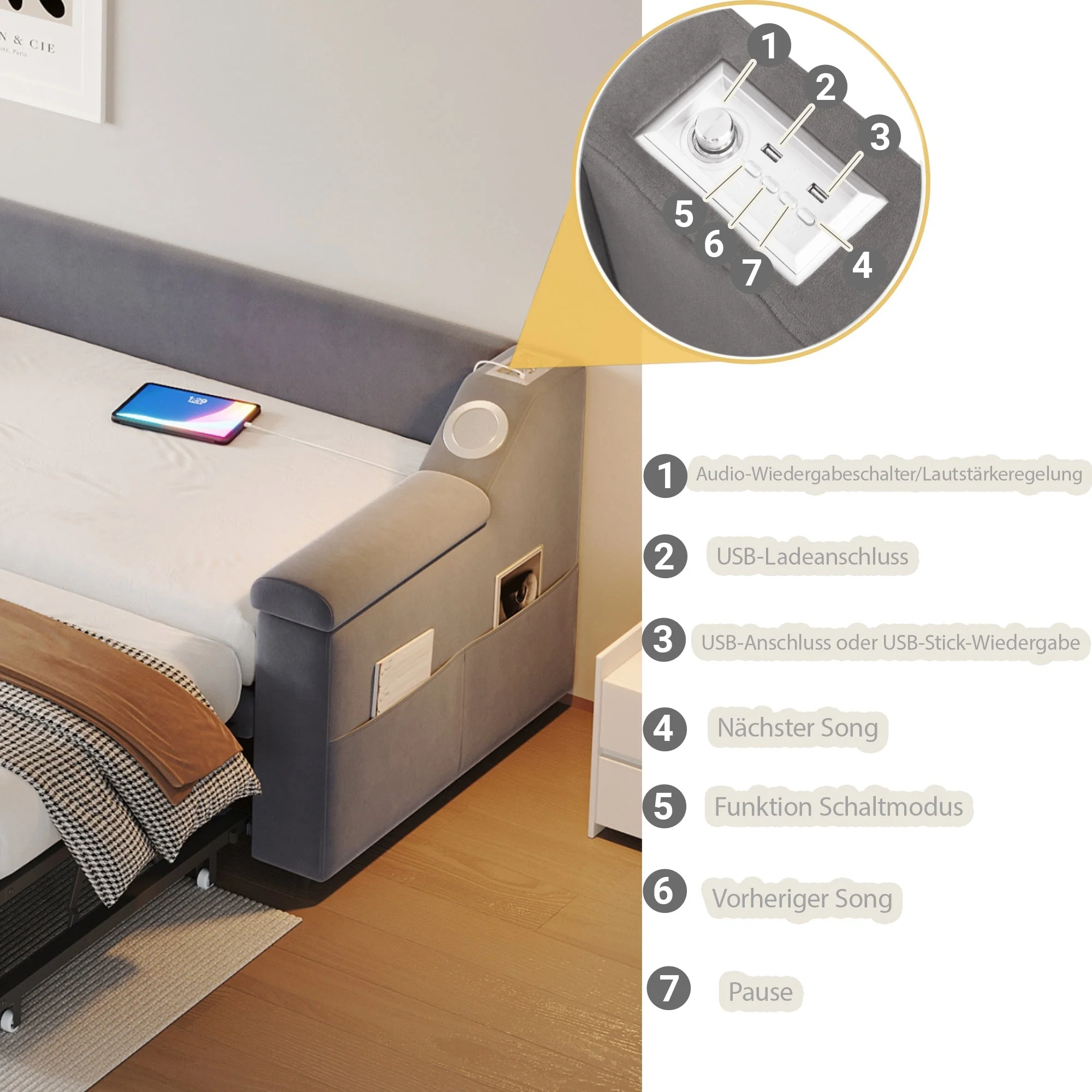 Upholstered Sofa Bed, 90/180*190cm Bluetooth Stereo USB Storage, Grey Velvet - Image 4