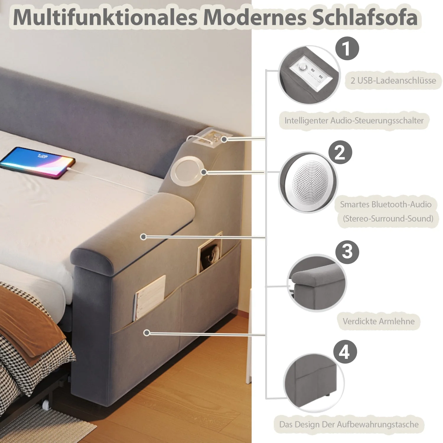 Upholstered Sofa Bed, 90/180*190cm Bluetooth Stereo USB Storage, Grey Velvet - Image 5