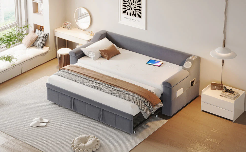 Upholstered Sofa Bed, 90/180*190cm Bluetooth Stereo USB Storage, Grey Velvet - Image 6