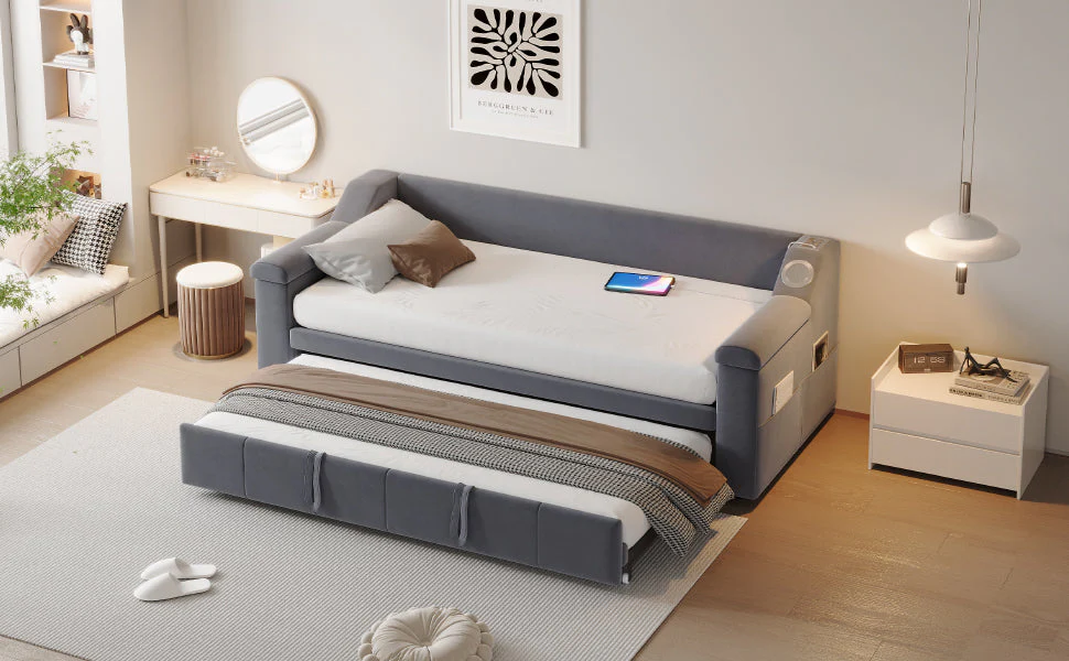 Upholstered Sofa Bed, 90/180*190cm Bluetooth Stereo USB Storage, Grey Velvet - Image 7