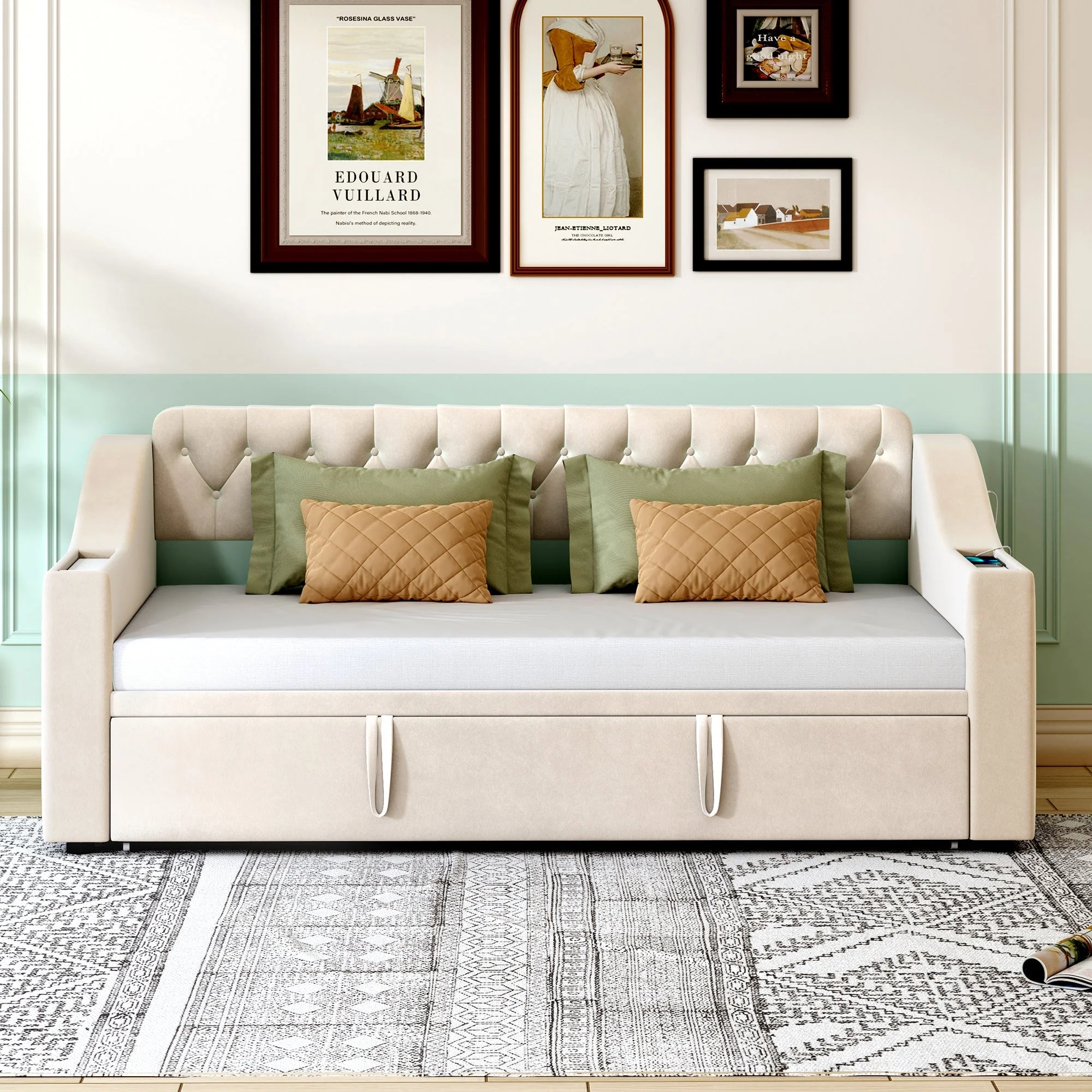 Upholstered Sofa Bed, 90/180*190cm, USB Charging, Storage, Velvet Beige - Image 2