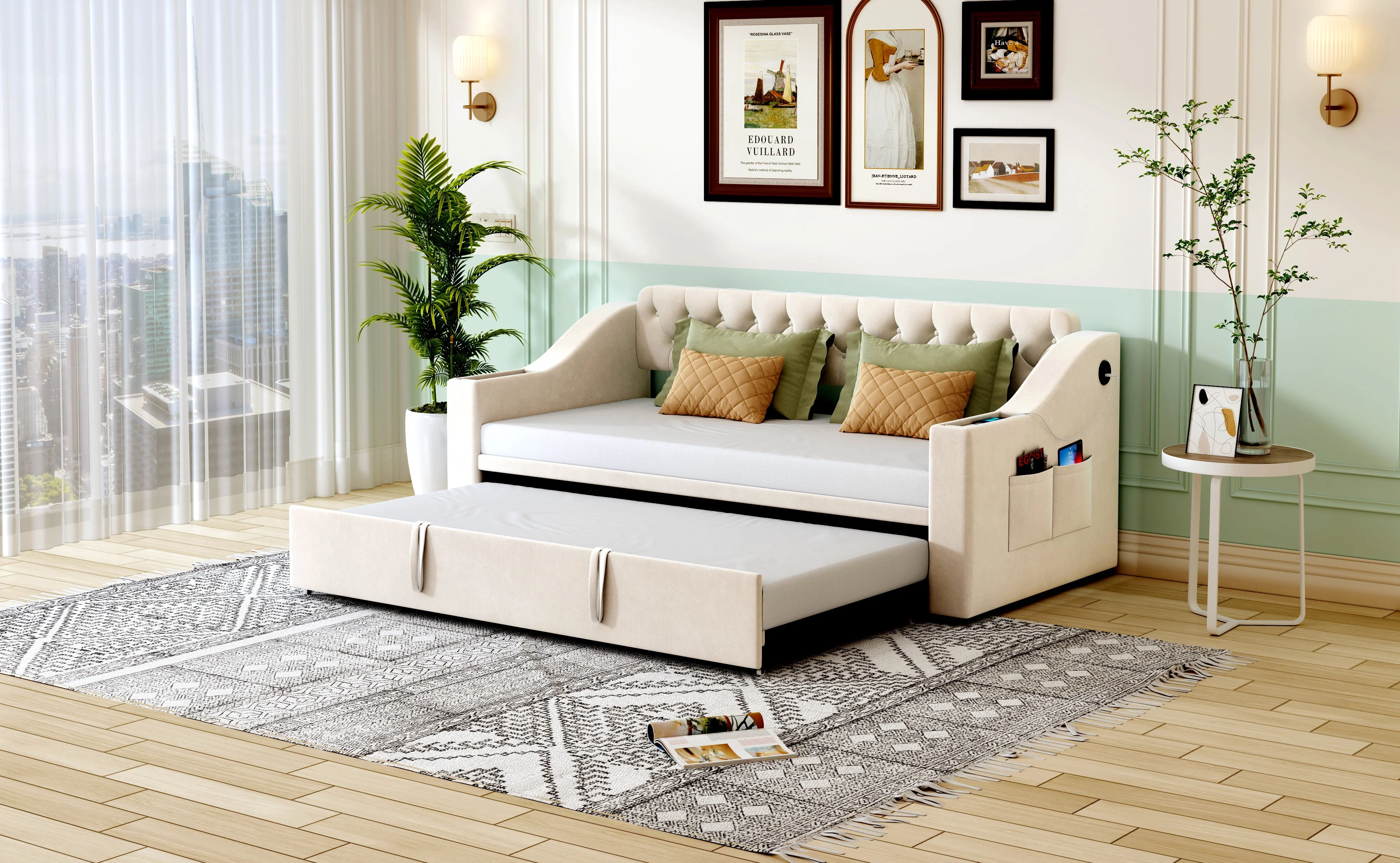 Upholstered Sofa Bed, 90/180*190cm, USB Charging, Storage, Velvet Beige - Image 8