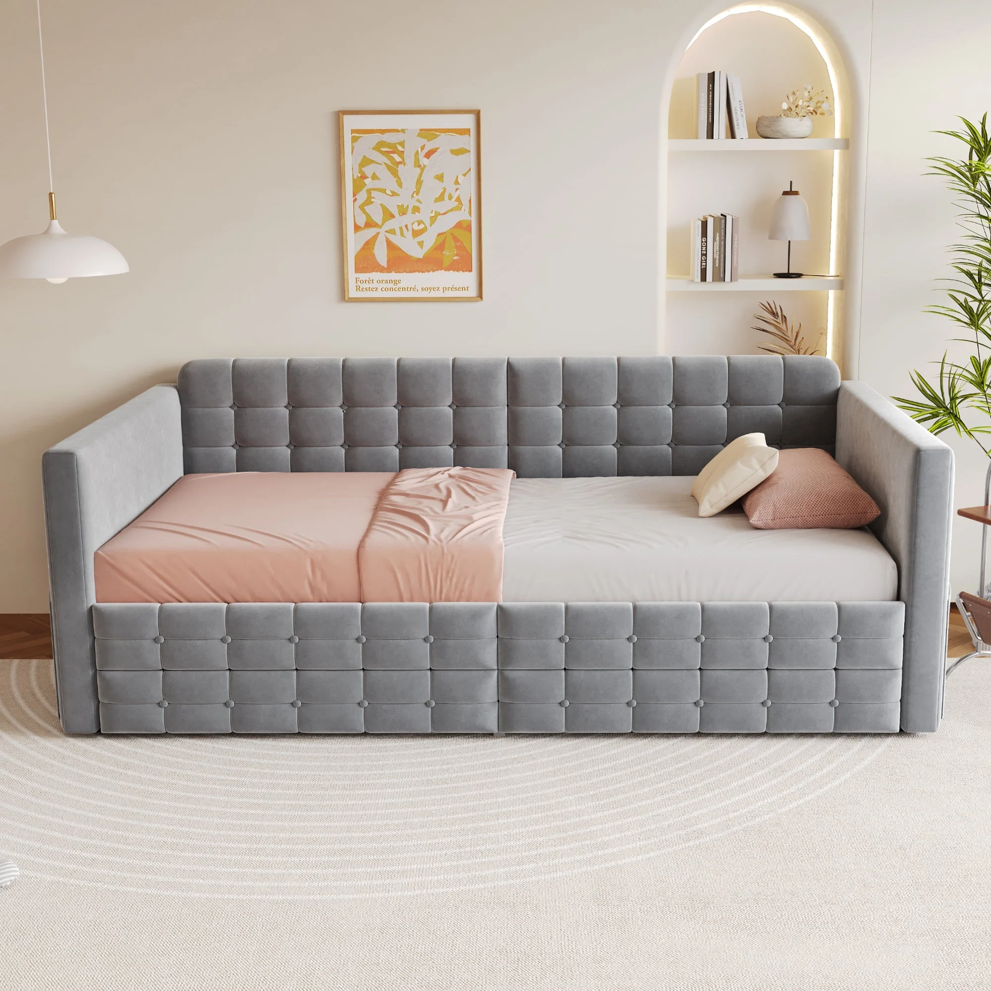 Upholstered Sofa Bed 90x190 with Side Storage and Drawers, Grey Velvet - Image 3