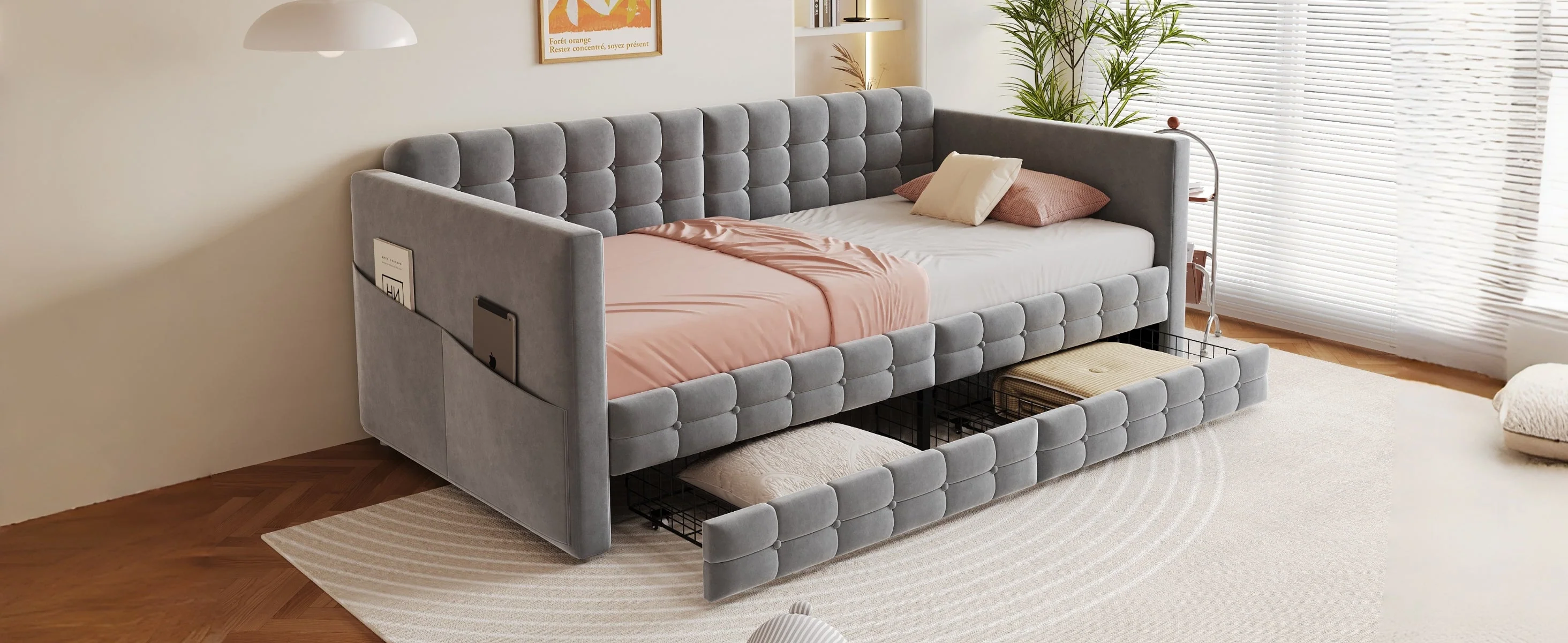 Upholstered Sofa Bed 90x190 with Side Storage and Drawers, Grey Velvet - Image 6