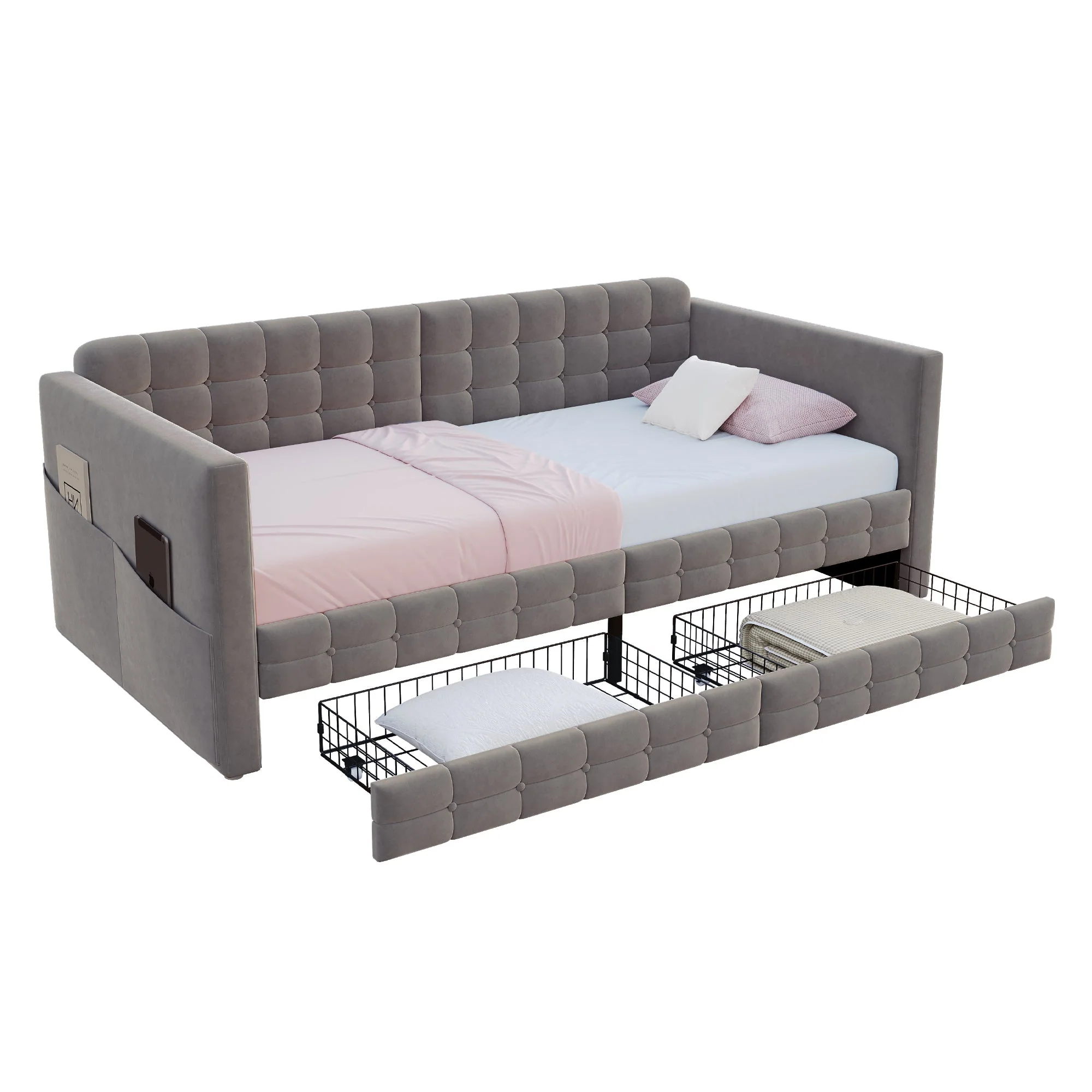 Upholstered Sofa Bed 90x190 with Side Storage and Drawers, Grey Velvet - Image 7