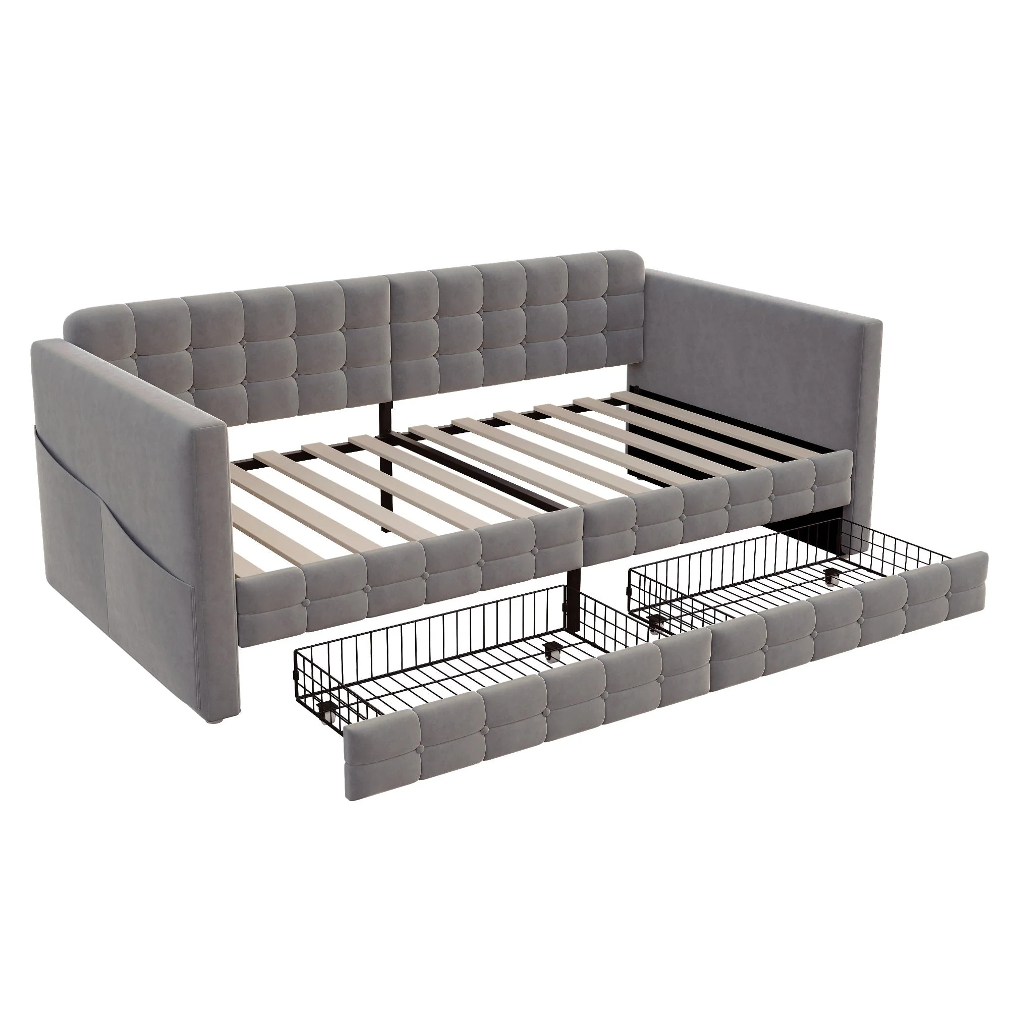 Upholstered Sofa Bed 90x190 with Side Storage and Drawers, Grey Velvet - Image 9
