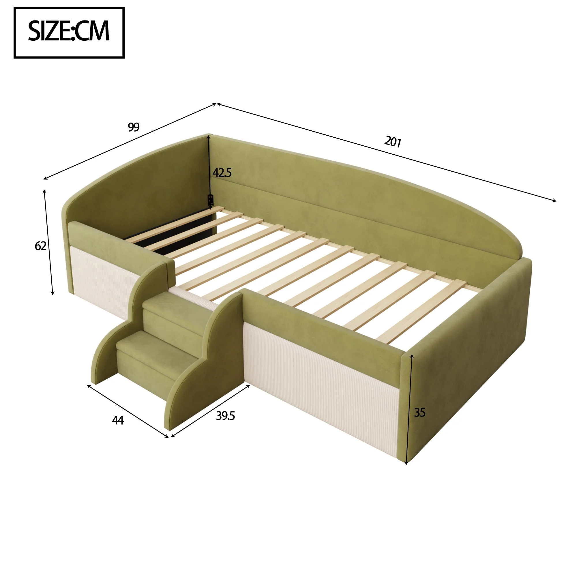 Upholstered Sofa Bed 90x190cm Multi-function Steps Railings - Dark Green/Cream White Velvet - Image 3