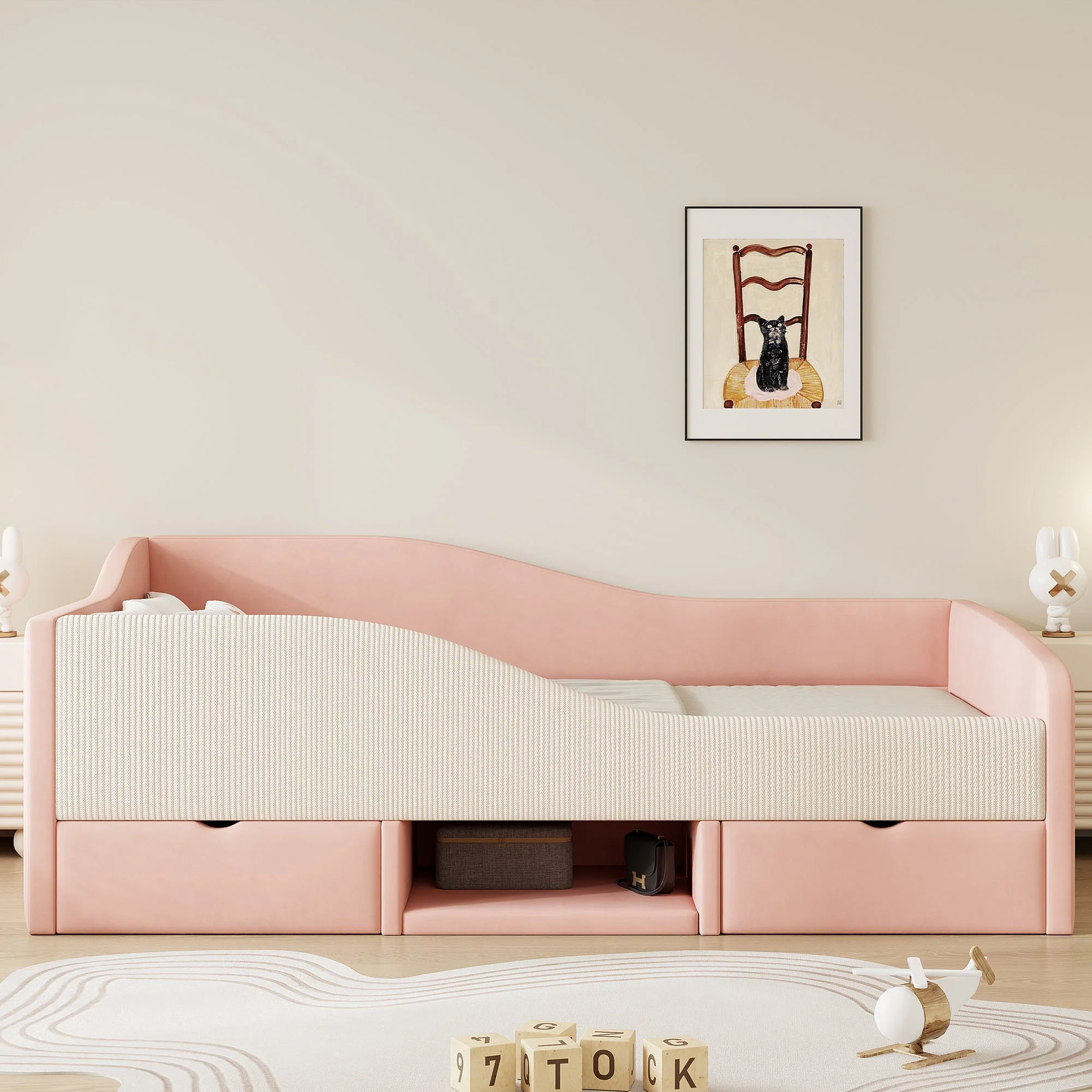 Upholstered Sofa Bed 90x190cm Multifunctional with Two Drawers and Railings Pink/Cream Velvet - Image 2