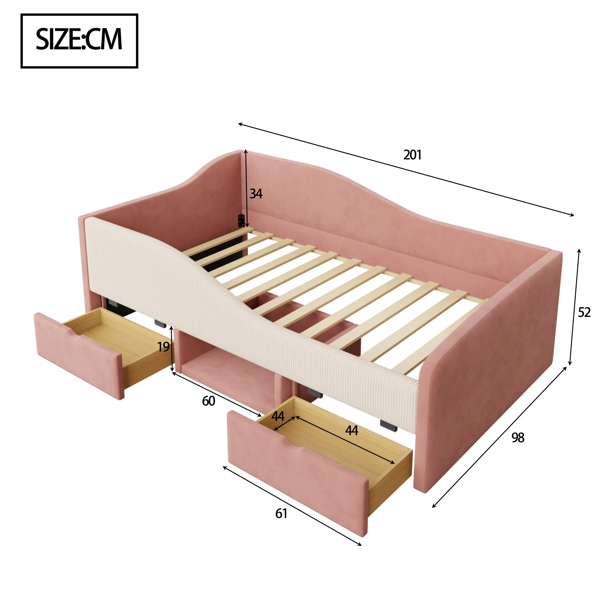 Upholstered Sofa Bed 90x190cm Multifunctional with Two Drawers and Railings Pink/Cream Velvet - Image 3