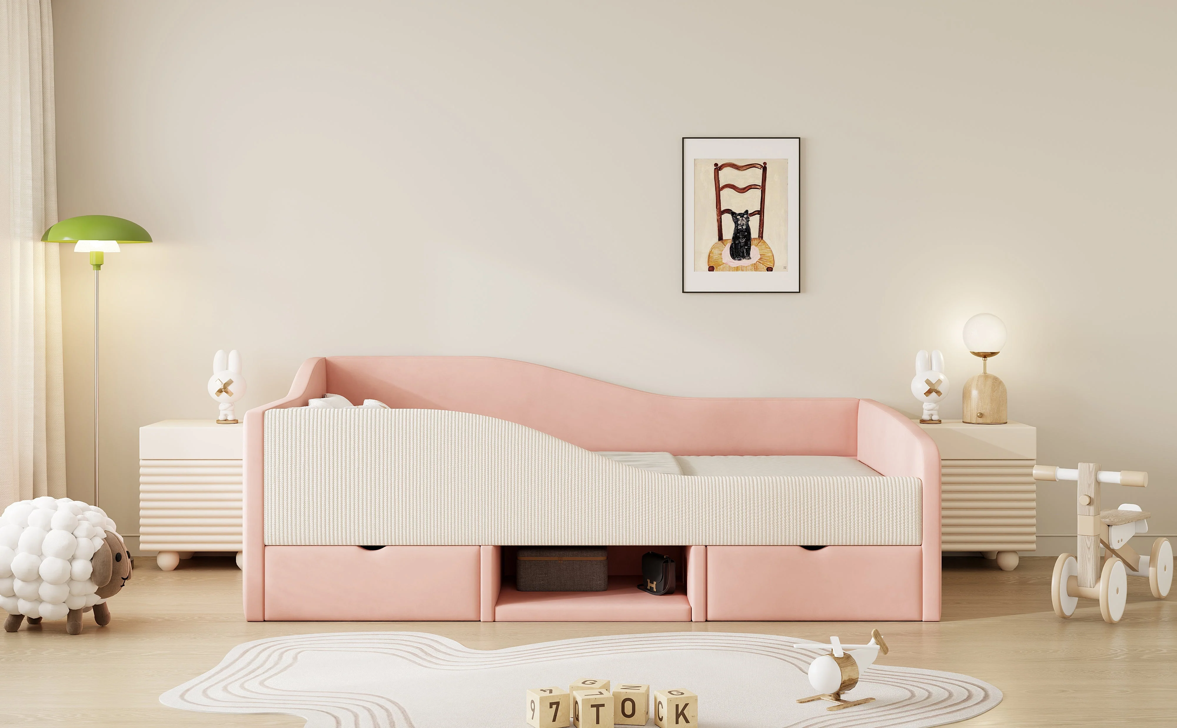 Upholstered Sofa Bed 90x190cm Multifunctional with Two Drawers and Railings Pink/Cream Velvet - Image 4