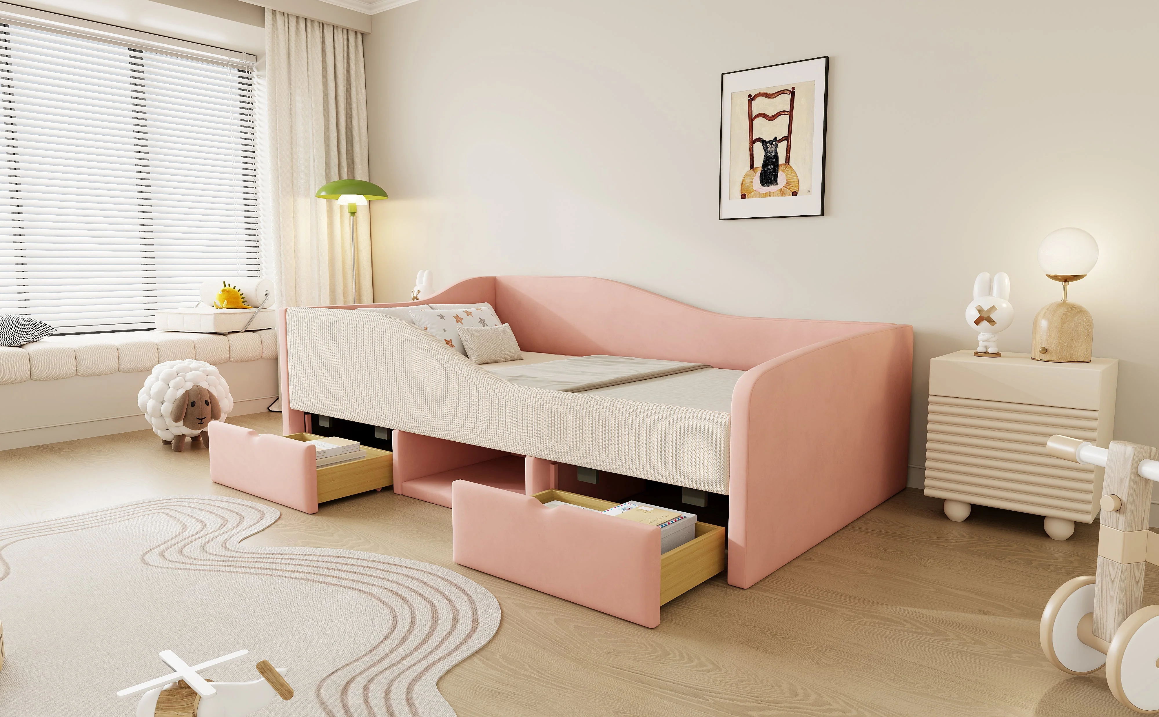 Upholstered Sofa Bed 90x190cm Multifunctional with Two Drawers and Railings Pink/Cream Velvet - Image 5