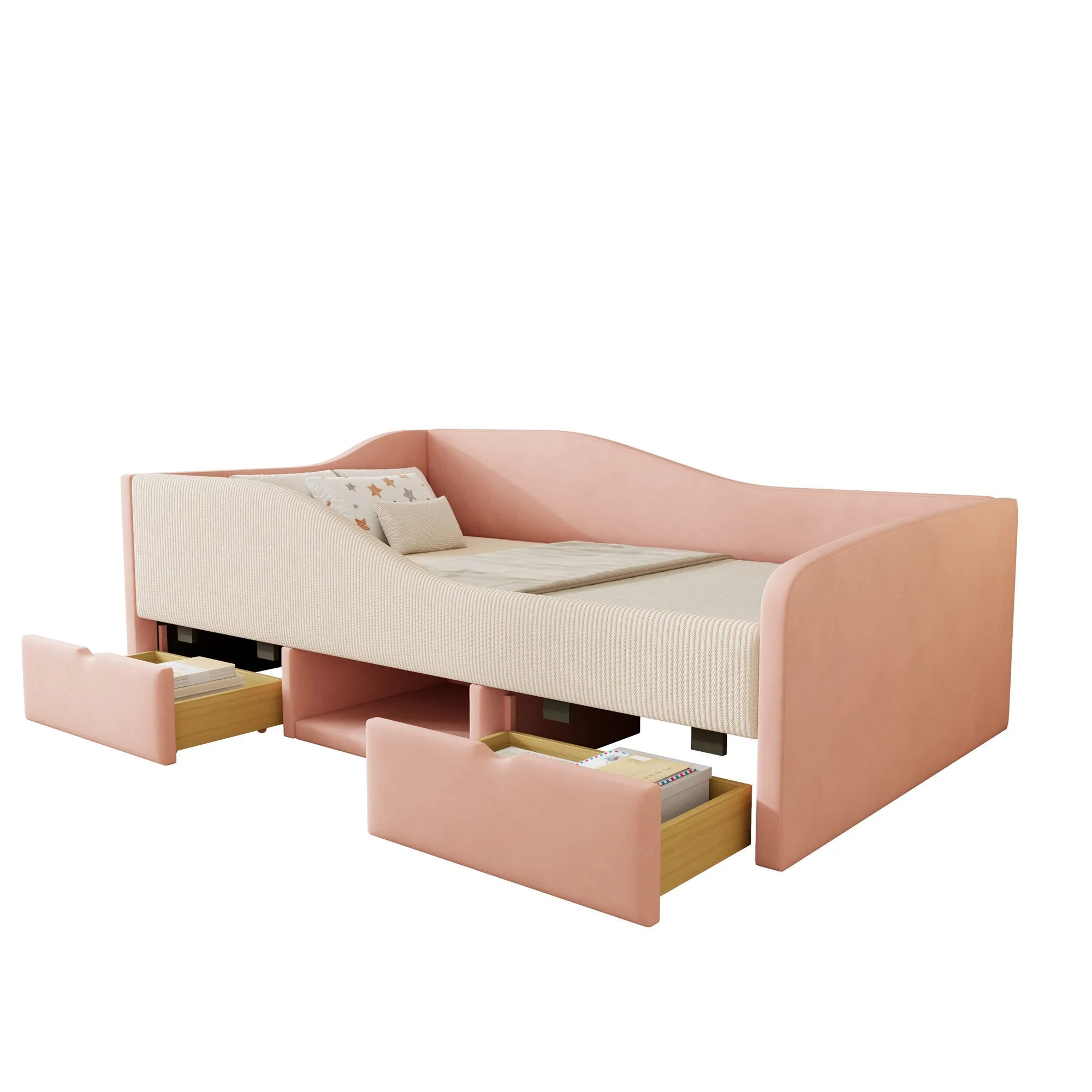 Upholstered Sofa Bed 90x190cm Multifunctional with Two Drawers and Railings Pink/Cream Velvet - Image 6