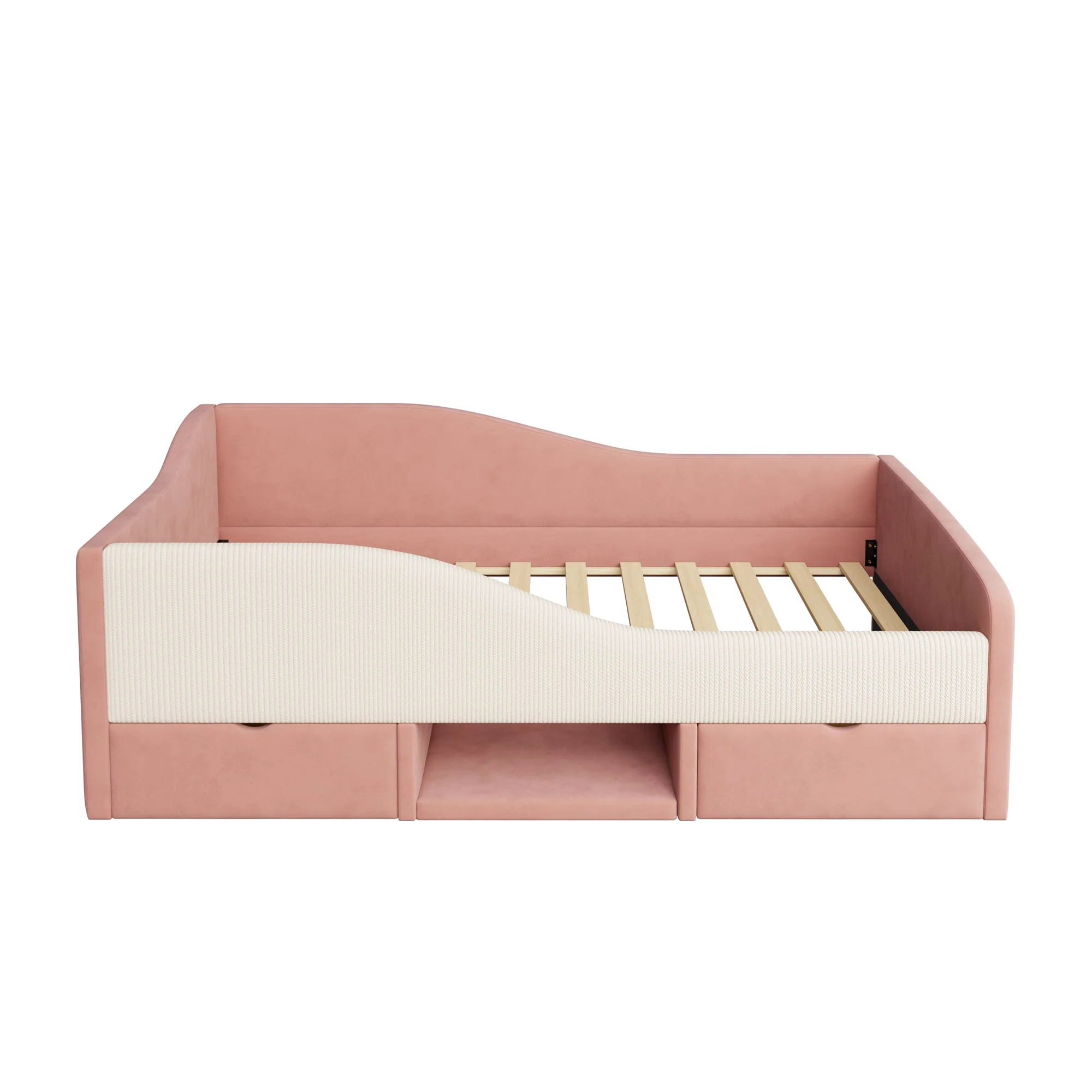 Upholstered Sofa Bed 90x190cm Multifunctional with Two Drawers and Railings Pink/Cream Velvet - Image 7