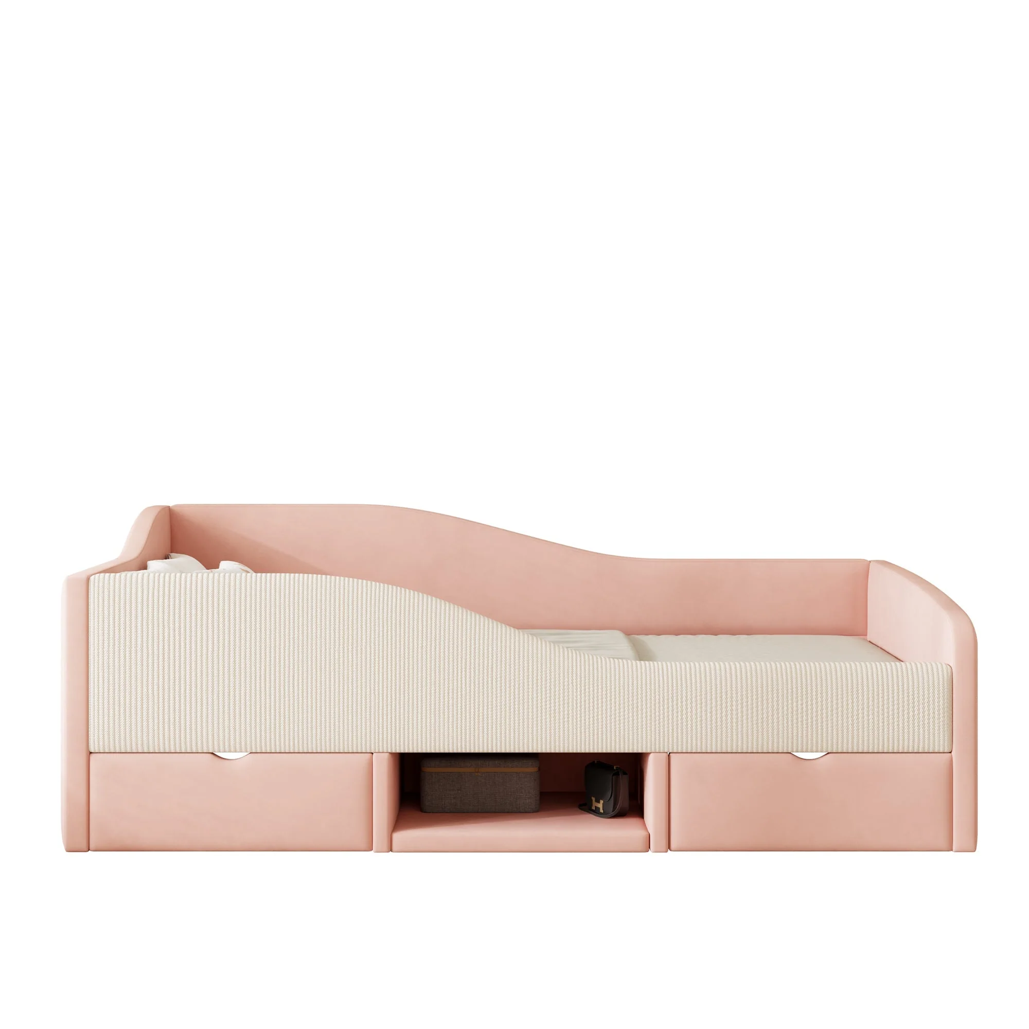 Upholstered Sofa Bed 90x190cm Multifunctional with Two Drawers and Railings Pink/Cream Velvet - Image 8