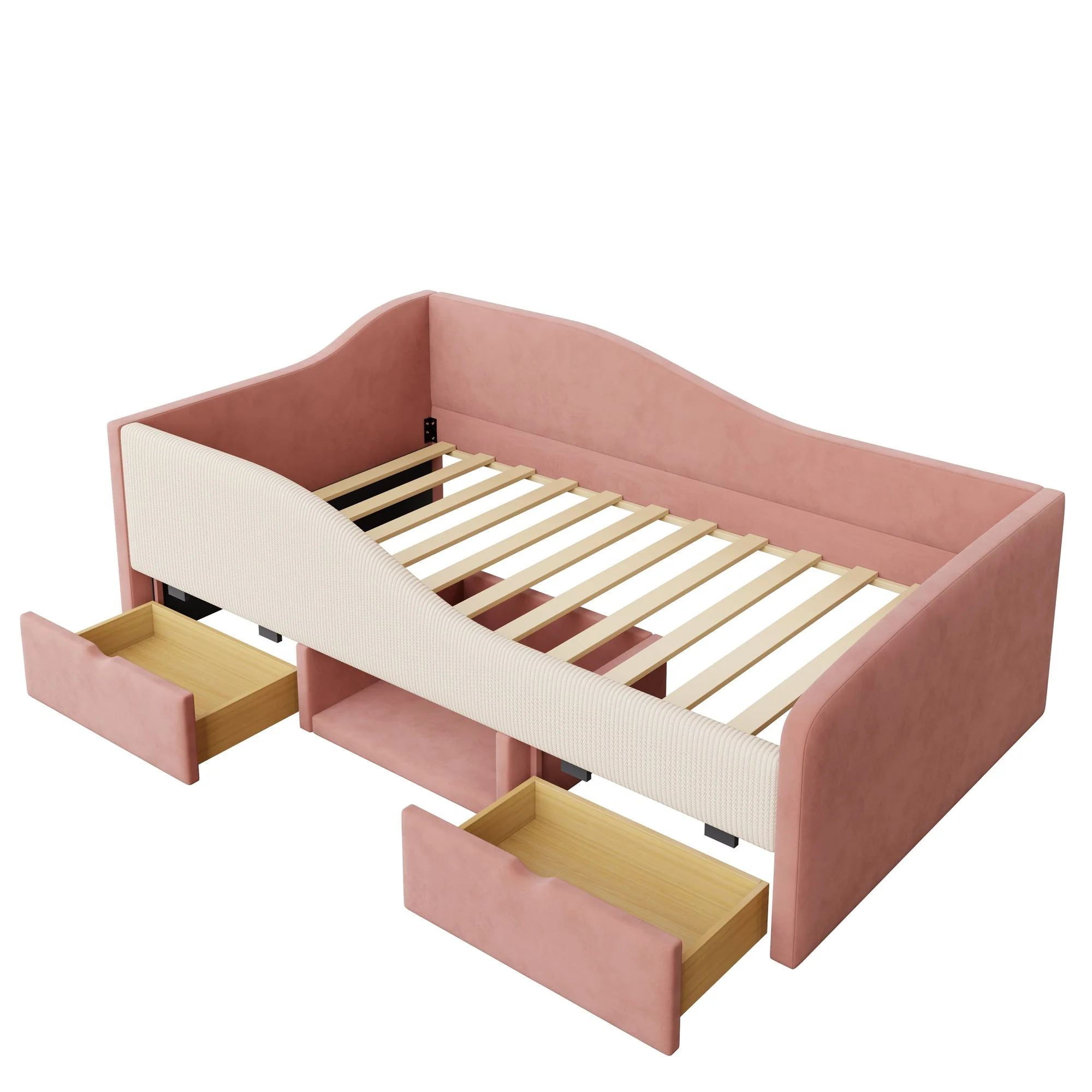 Upholstered Sofa Bed 90x190cm Multifunctional with Two Drawers and Railings Pink/Cream Velvet - Image 9