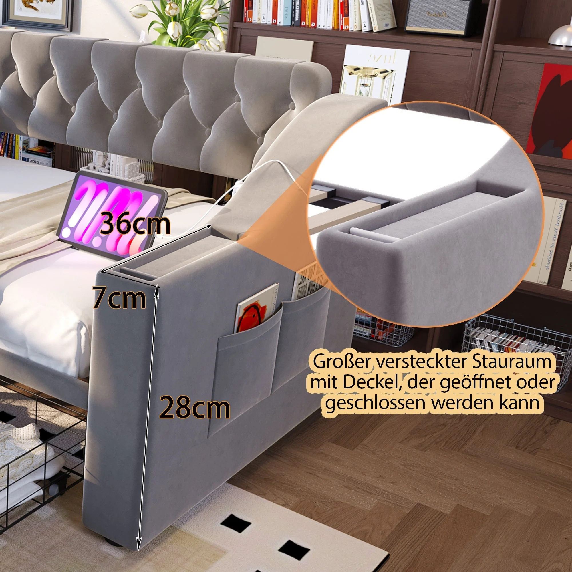 Upholstered Sofa Bed 90x190cm USB Charging Armrest Storage Drawer Light Grey Velvet - Image 4