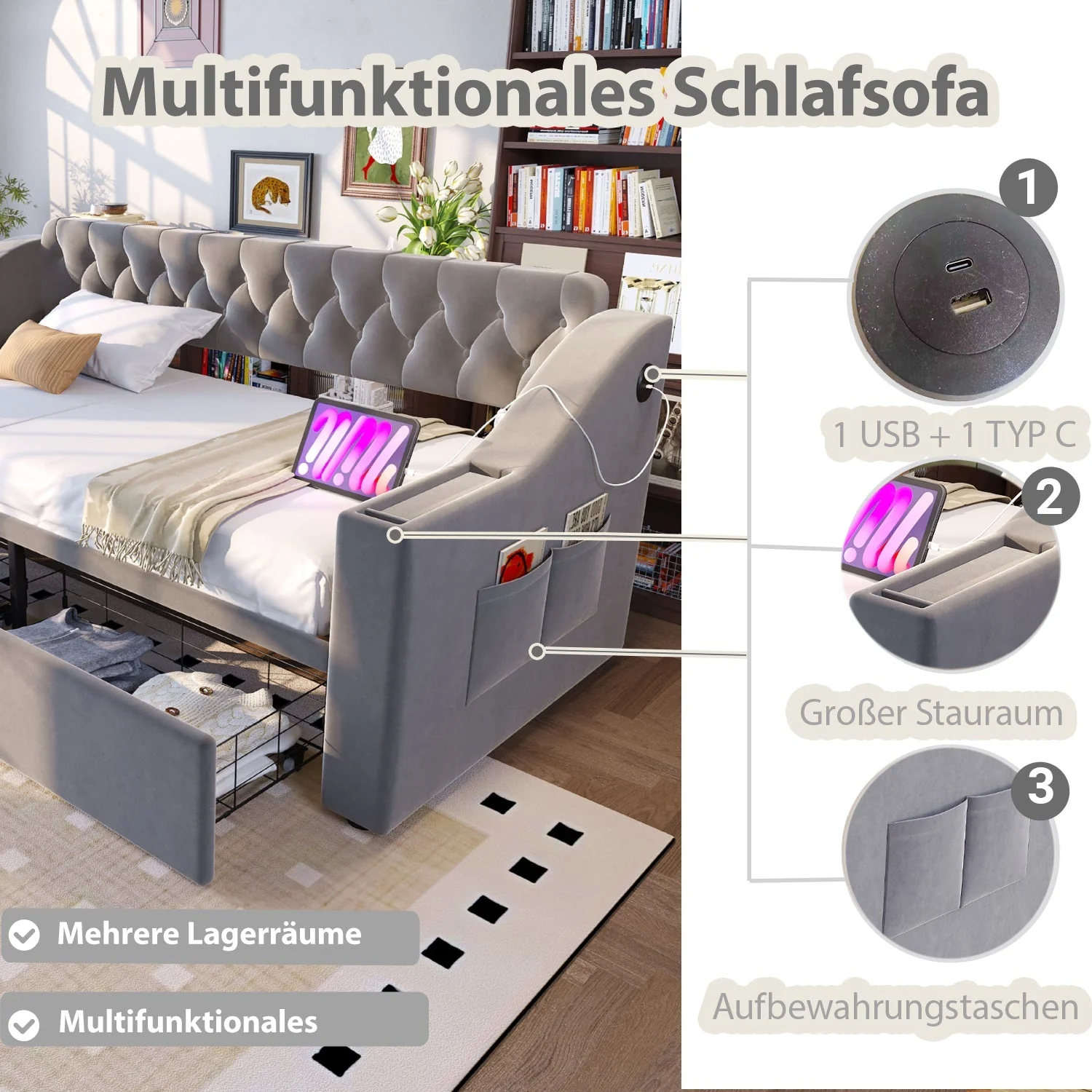 Upholstered Sofa Bed 90x190cm USB Charging Armrest Storage Drawer Light Grey Velvet - Image 5