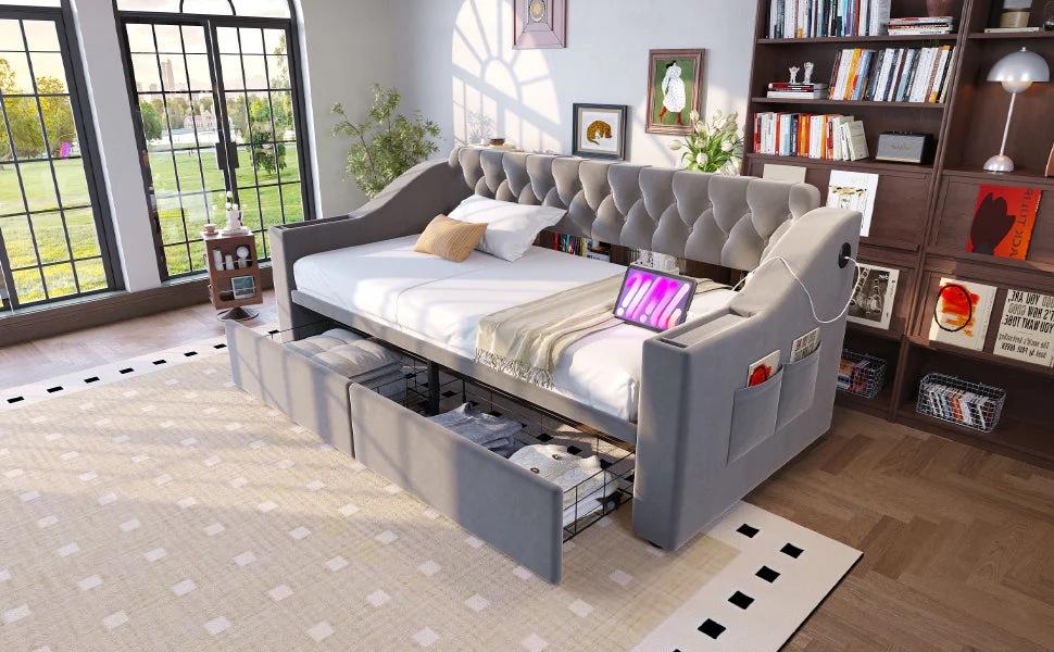 Upholstered Sofa Bed 90x190cm USB Charging Armrest Storage Drawer Light Grey Velvet - Image 6