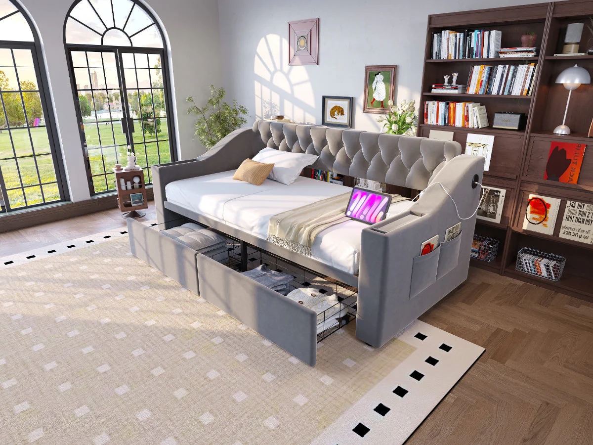Upholstered Sofa Bed 90x190cm USB Charging Armrest Storage Drawer Light Grey Velvet - Image 7