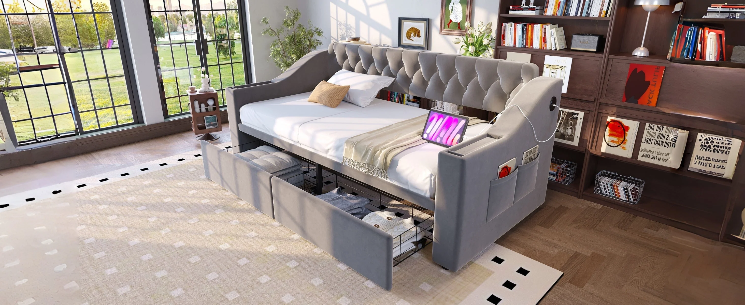 Upholstered Sofa Bed 90x190cm USB Charging Armrest Storage Drawer Light Grey Velvet - Image 8