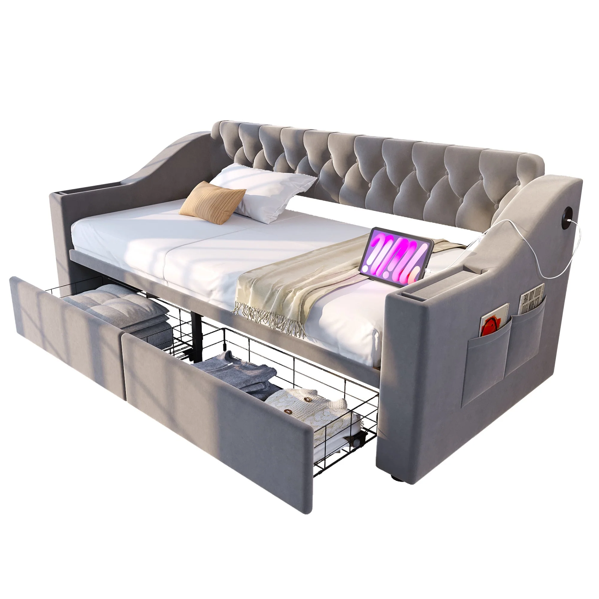 Upholstered Sofa Bed 90x190cm USB Charging Armrest Storage Drawer Light Grey Velvet - Image 9
