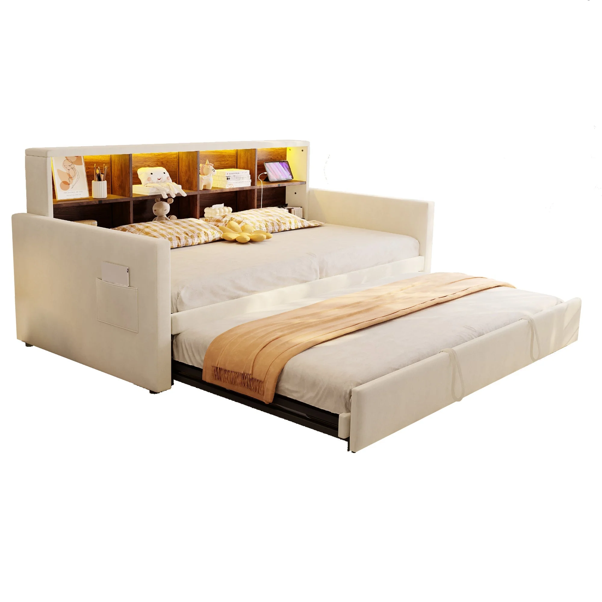 Upholstered Sofa Bed 90x190cm with Storage Headboard, LED and Charging Ports, Beige Velvet - Image 10