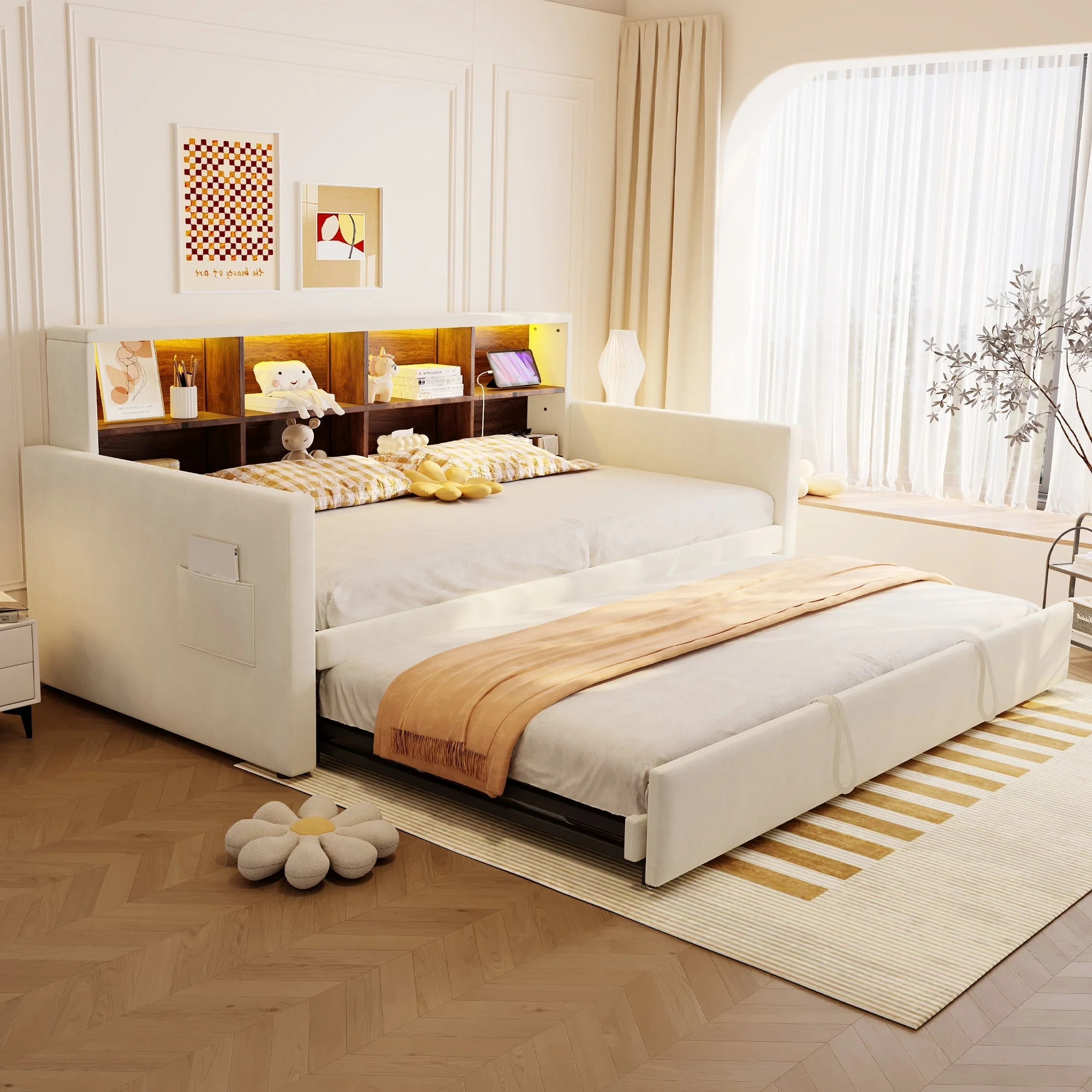 Upholstered Sofa Bed 90x190cm with Storage Headboard, LED and Charging Ports, Beige Velvet - Image 2