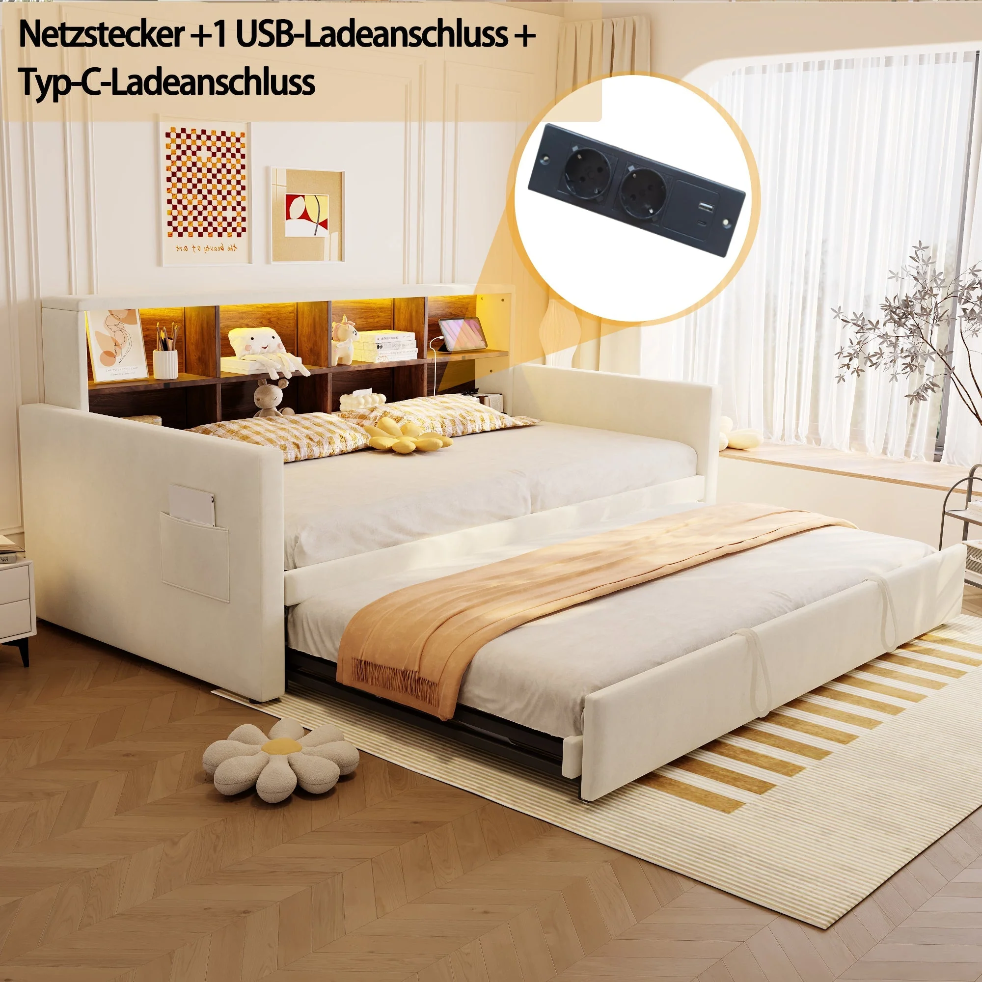 Upholstered Sofa Bed 90x190cm with Storage Headboard, LED and Charging Ports, Beige Velvet - Image 5