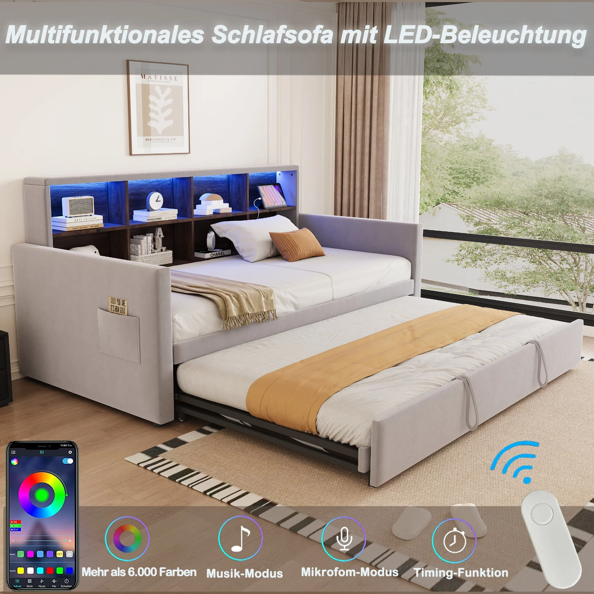 Upholstered Sofa Bed 90x190cm with Storage Headboard, LED Lights and Charging Ports, Velvet, Light Grey - Image 6