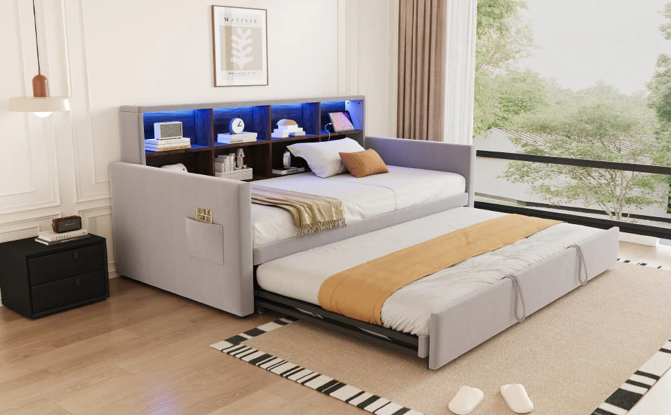 Upholstered Sofa Bed 90x190cm with Storage Headboard, LED Lights and Charging Ports, Velvet, Light Grey - Image 7