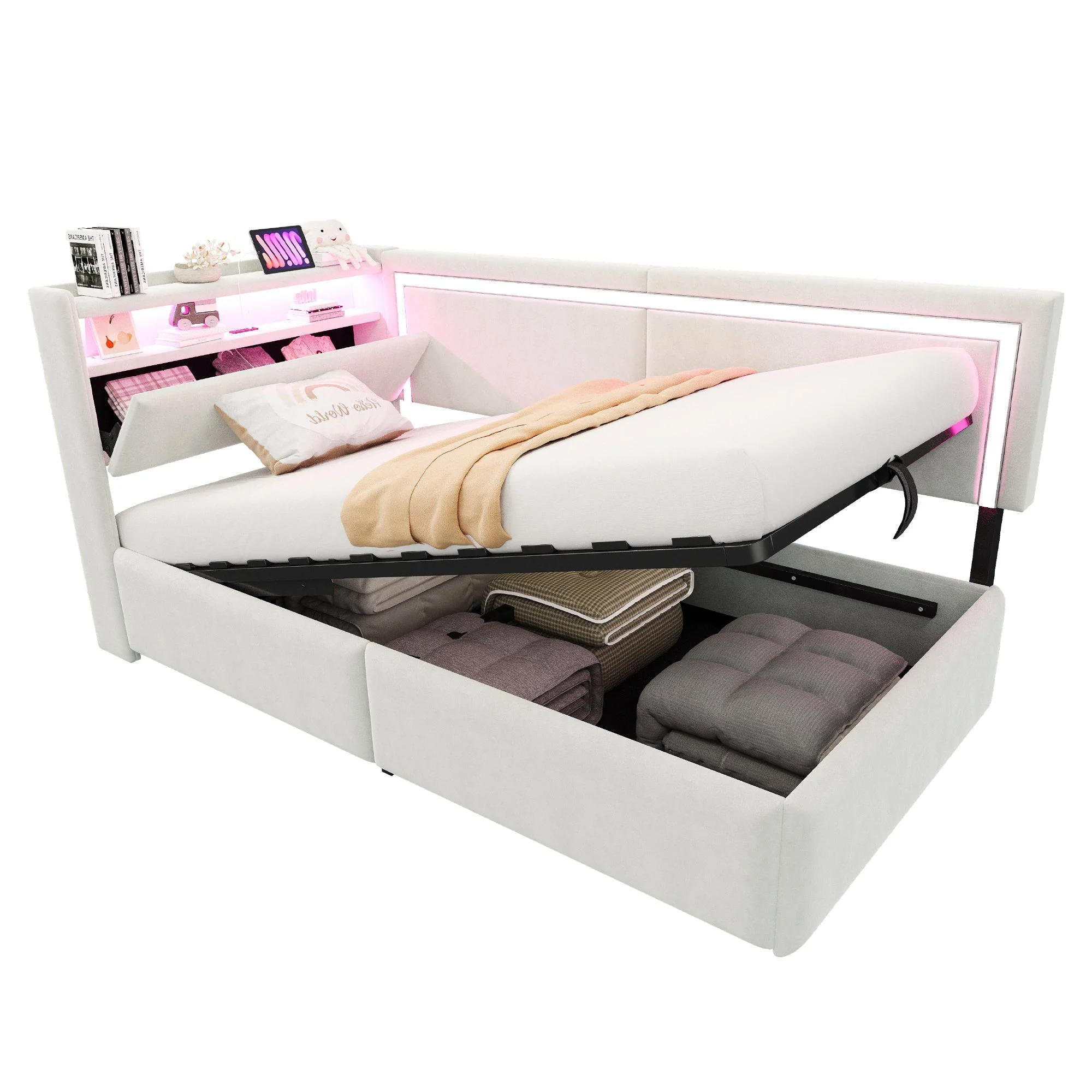 Upholstered Sofa Bed 90x200 cm with LED Lighting, USB Ports and Hydraulic Storage, Beige Velvet - Image 9