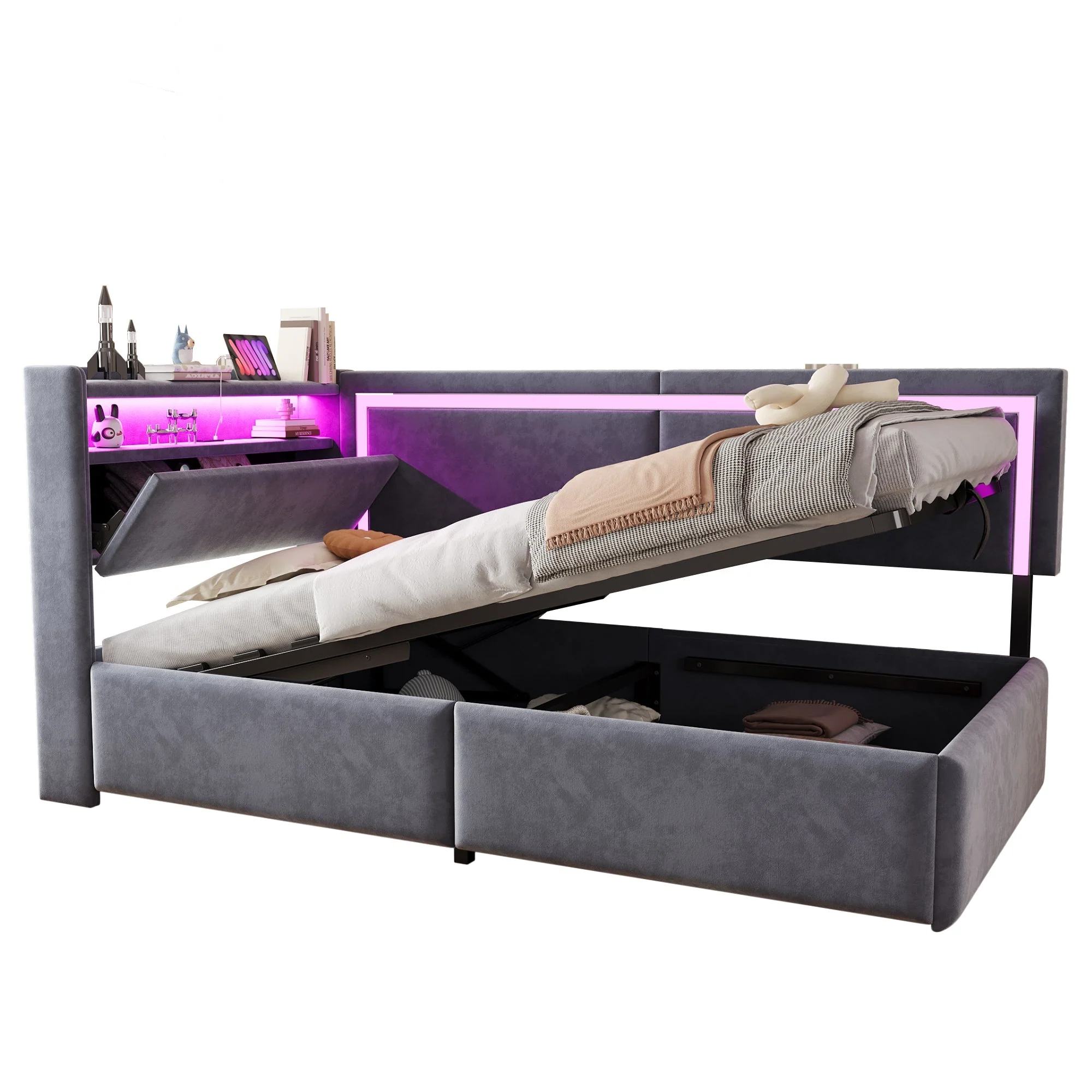 Upholstered Sofa Bed 90x200 cm with LED Lighting, USB Ports and Hydraulic Storage, Dark Grey Velvet - Image 10