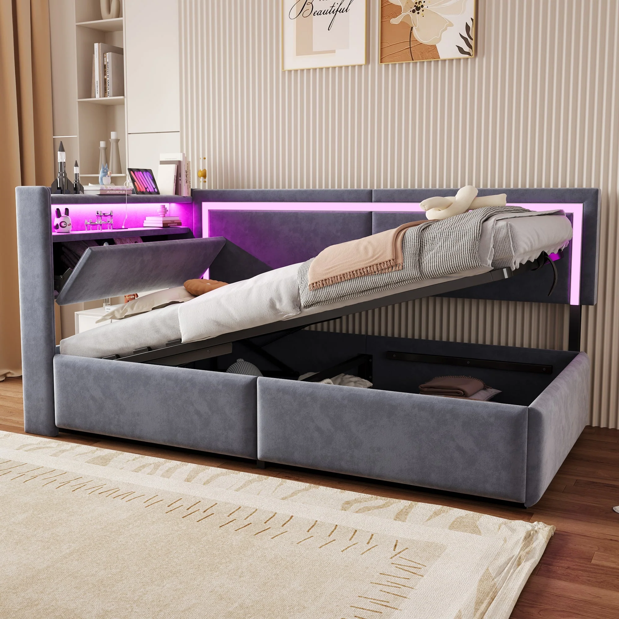 Upholstered Sofa Bed 90x200 cm with LED Lighting, USB Ports and Hydraulic Storage, Dark Grey Velvet - Image 2