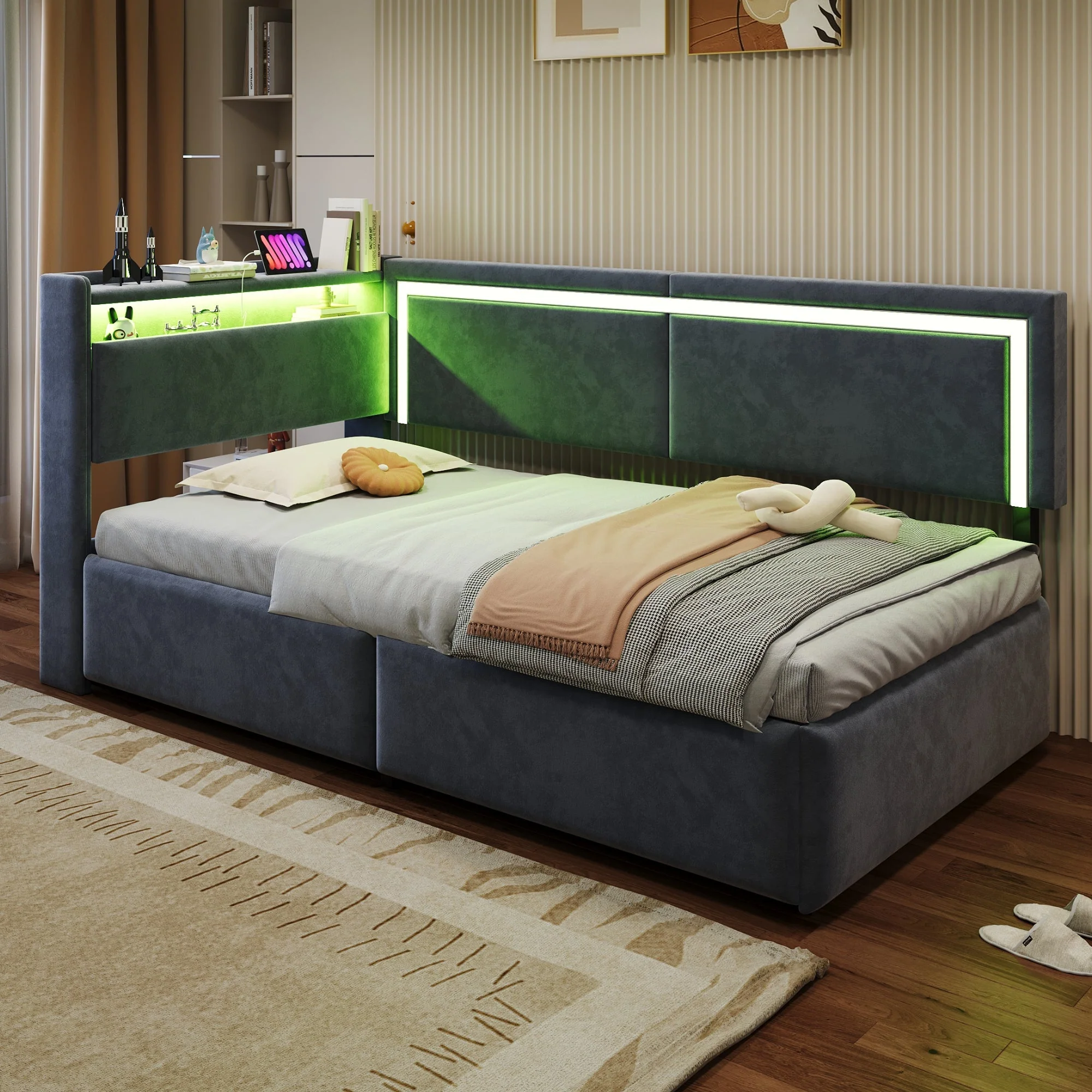 Upholstered Sofa Bed 90x200 cm with LED Lighting, USB Ports and Hydraulic Storage, Dark Grey Velvet - Image 3