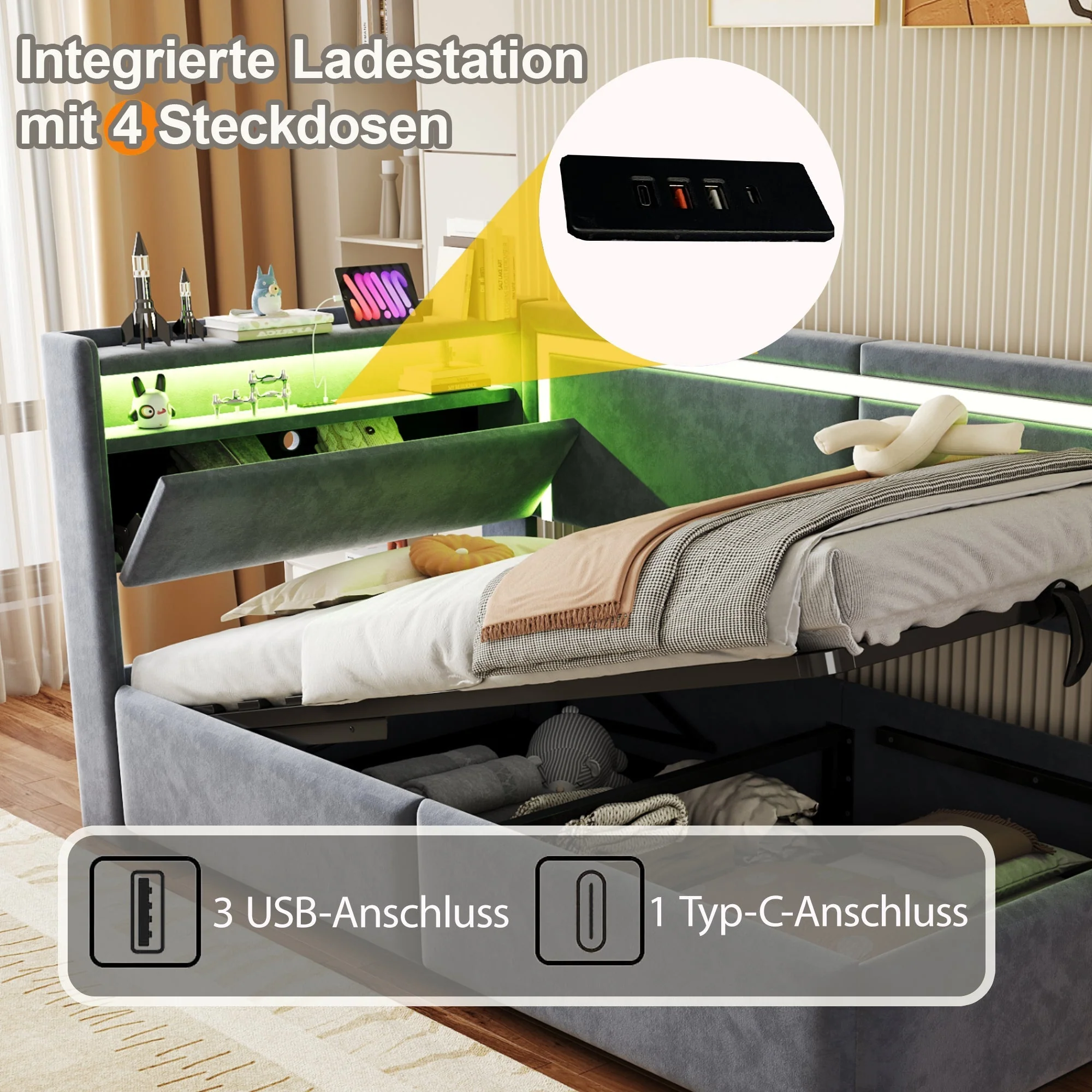 Upholstered Sofa Bed 90x200 cm with LED Lighting, USB Ports and Hydraulic Storage, Dark Grey Velvet - Image 4