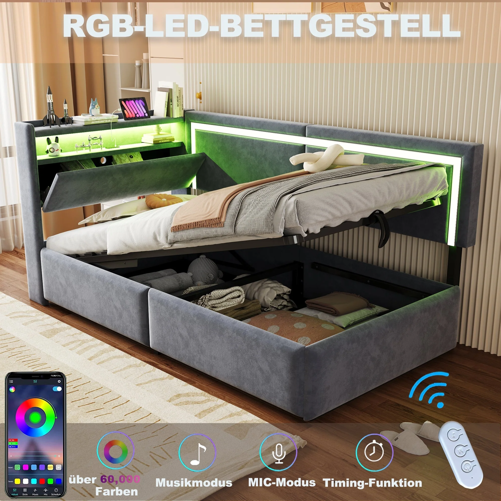 Upholstered Sofa Bed 90x200 cm with LED Lighting, USB Ports and Hydraulic Storage, Dark Grey Velvet - Image 5