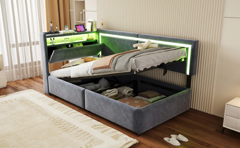 Upholstered Sofa Bed 90x200 cm with LED Lighting, USB Ports and Hydraulic Storage, Dark Grey Velvet - Image 6