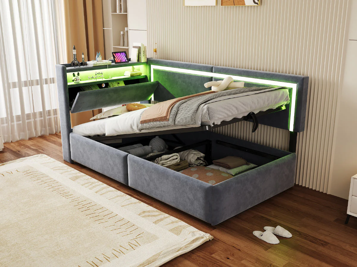 Upholstered Sofa Bed 90x200 cm with LED Lighting, USB Ports and Hydraulic Storage, Dark Grey Velvet - Image 7