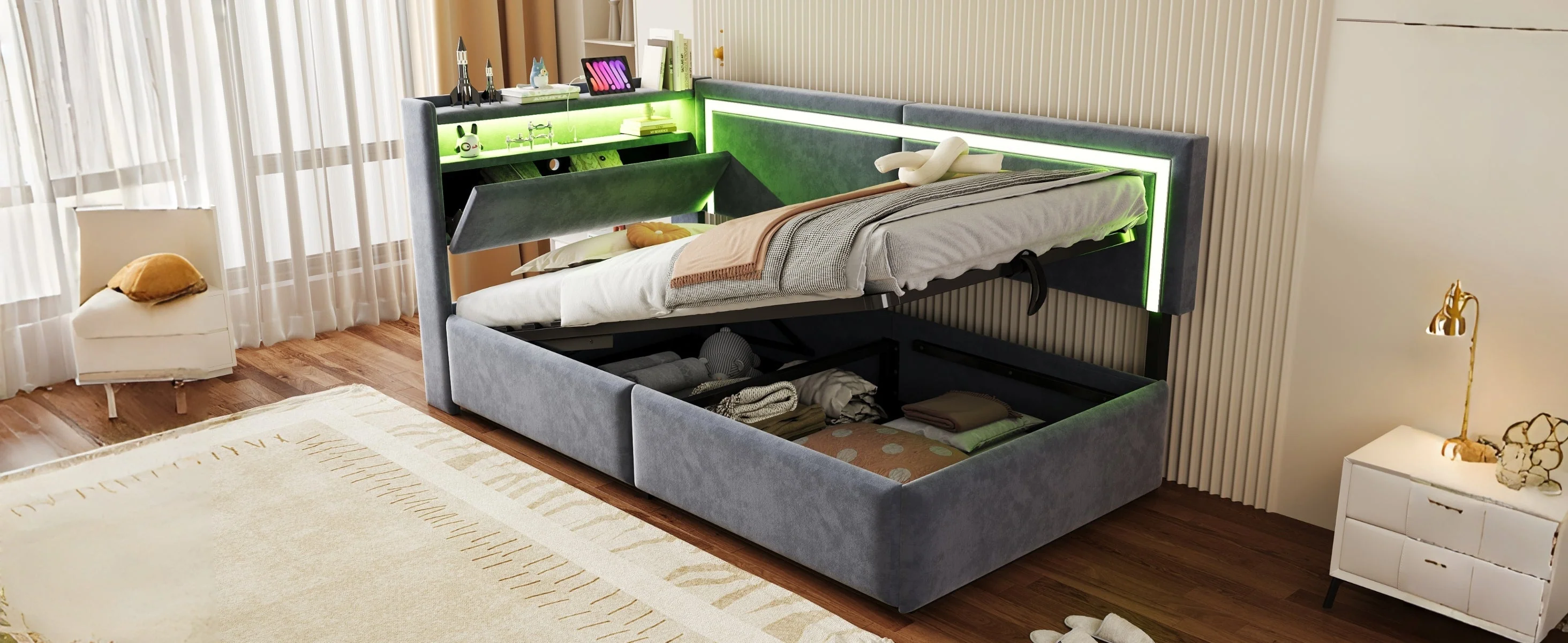 Upholstered Sofa Bed 90x200 cm with LED Lighting, USB Ports and Hydraulic Storage, Dark Grey Velvet - Image 8