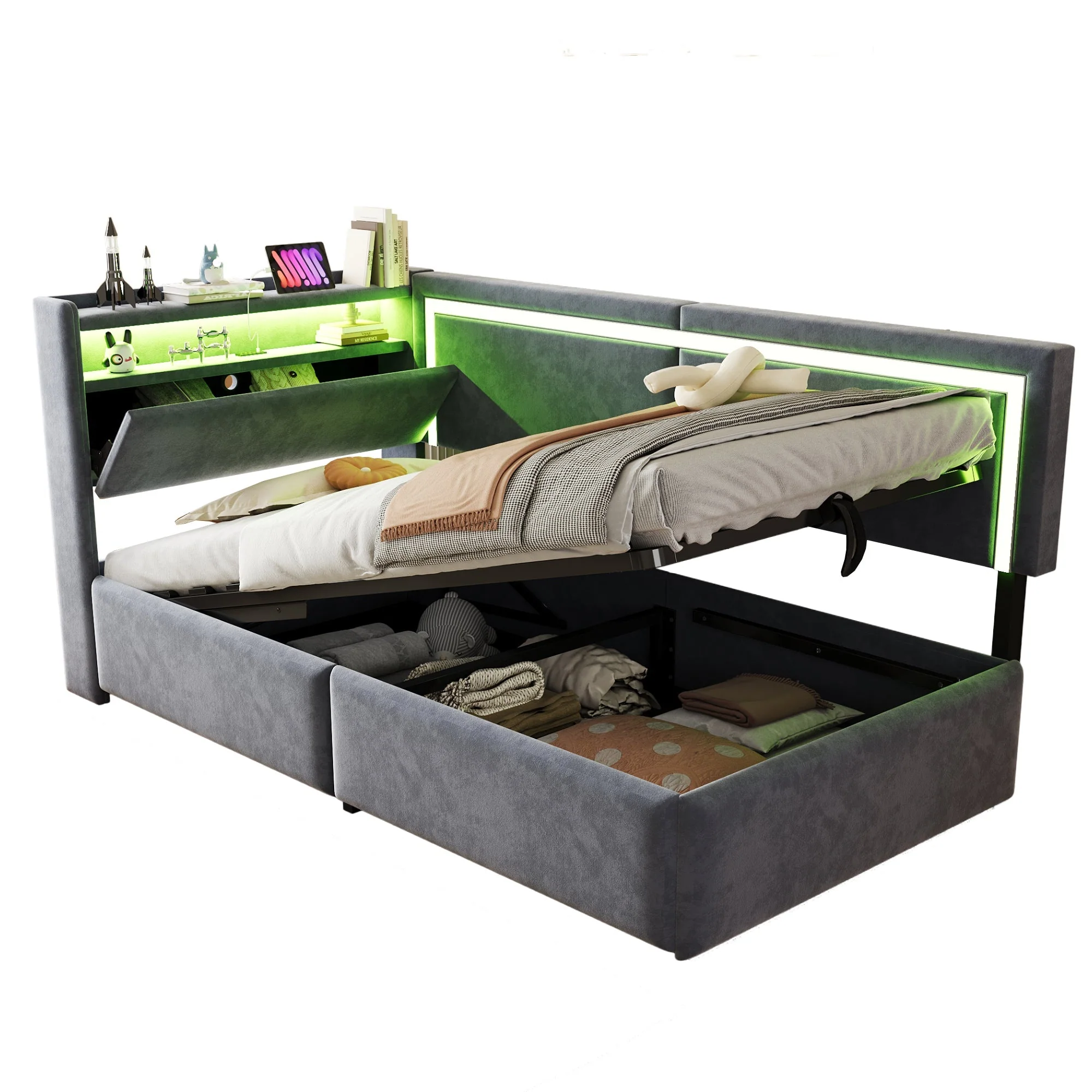 Upholstered Sofa Bed 90x200 cm with LED Lighting, USB Ports and Hydraulic Storage, Dark Grey Velvet - Image 9
