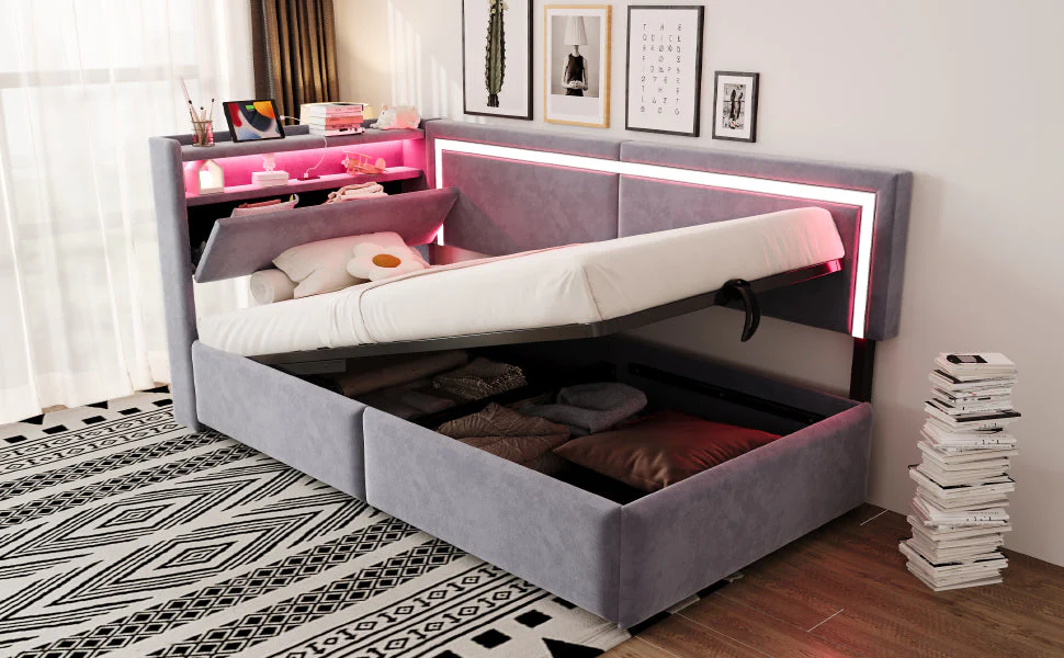 Upholstered Sofa Bed 90x200 LED USB Hydraulic Storage Light Grey Velvet - Image 6