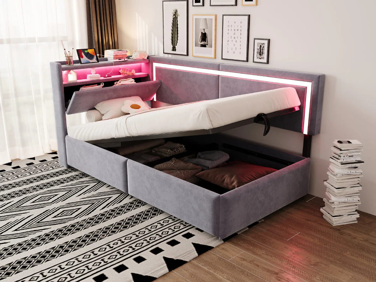 Upholstered Sofa Bed 90x200 LED USB Hydraulic Storage Light Grey Velvet - Image 7