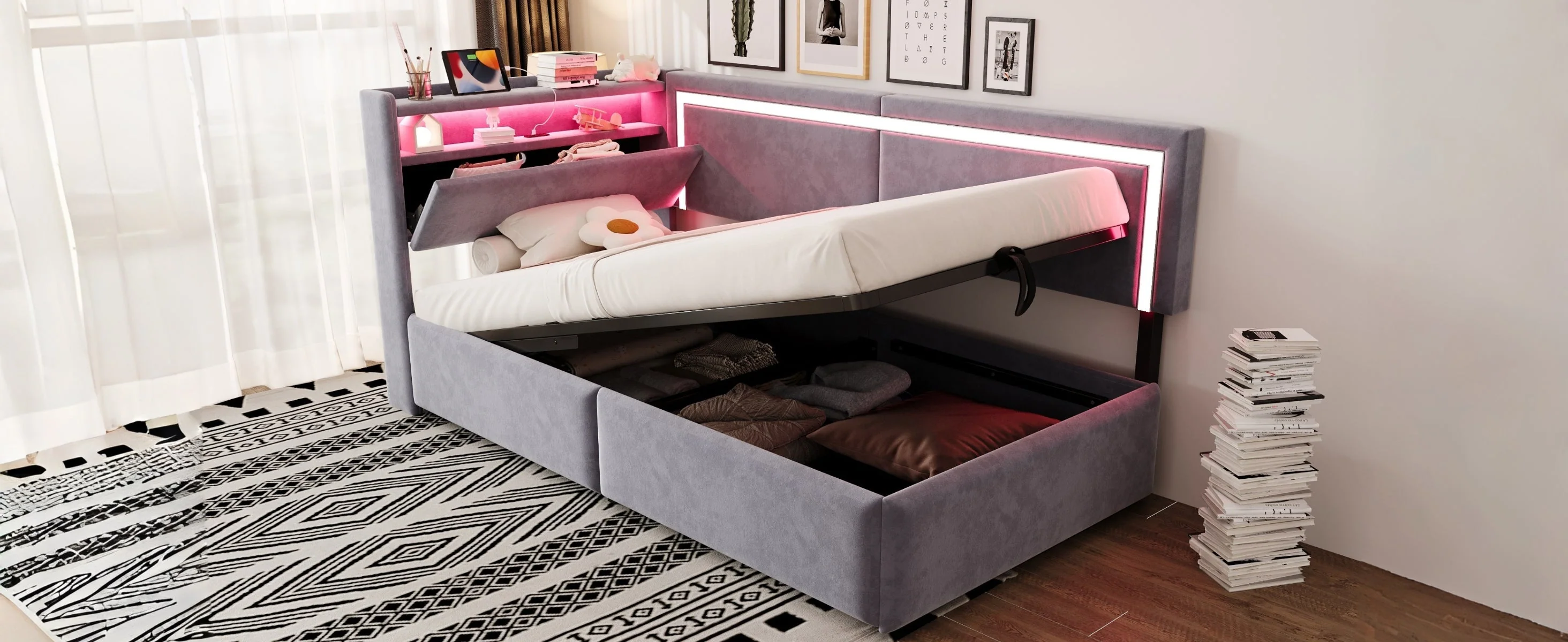 Upholstered Sofa Bed 90x200 LED USB Hydraulic Storage Light Grey Velvet - Image 8